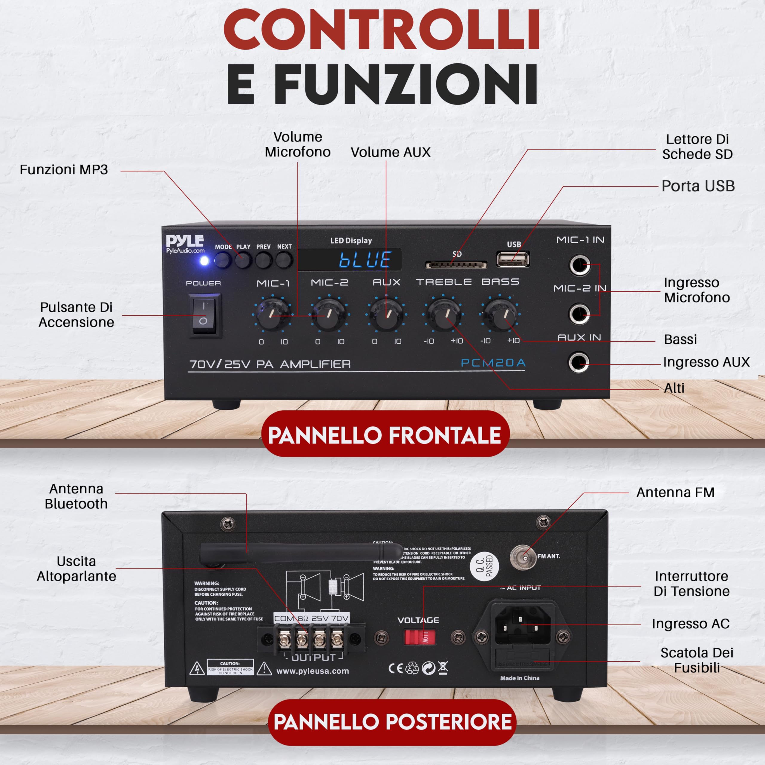 Pyle Amplificatore Audio Stereo Compatto 40 Watt, Ricevitore Audio Mini Smart con AUX, 2 Ingressi Microfono, Compatibile con Altoparlanti da 8 Ohm, 25V/70V, Selettore LED per Uscite Altoparlanti