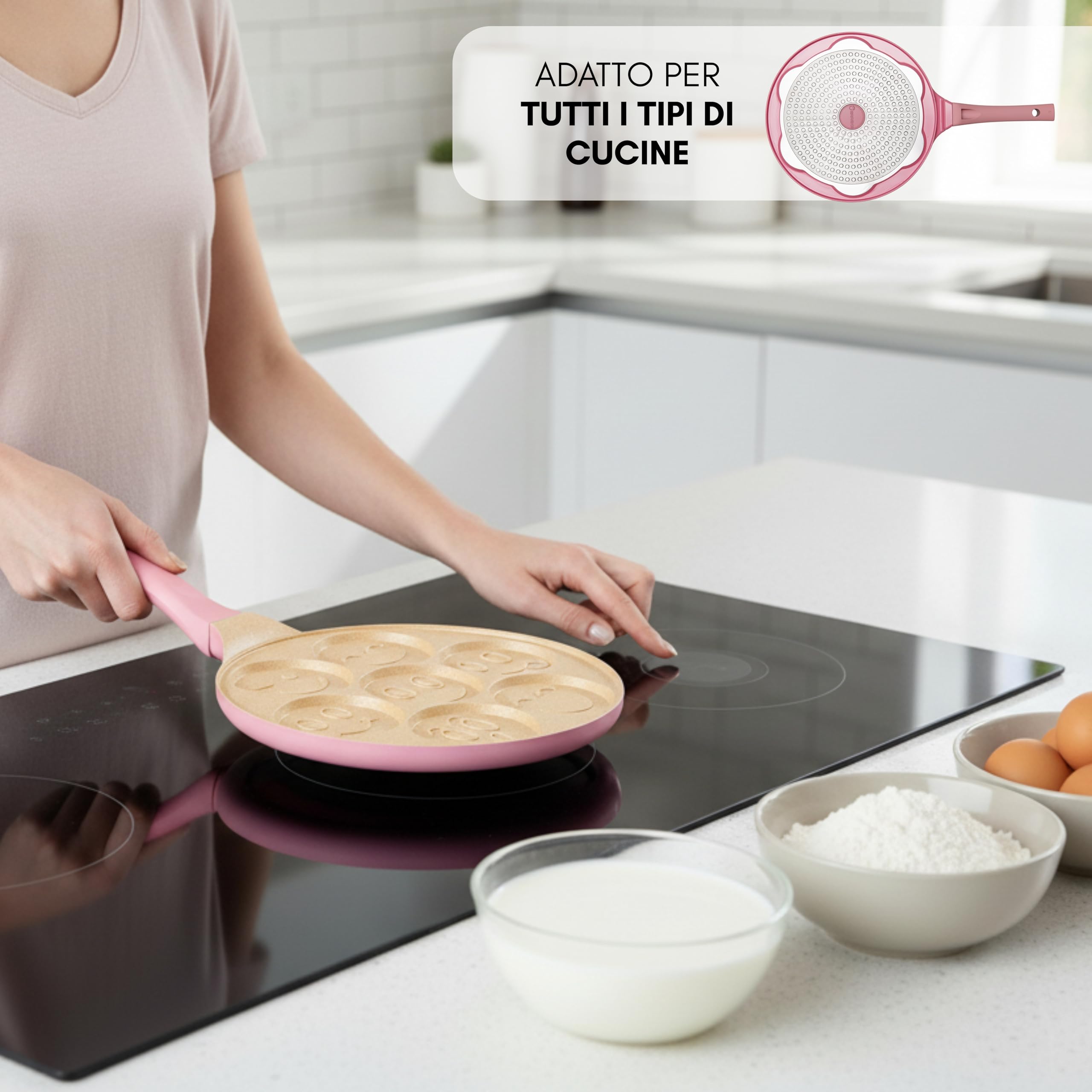 Erreke Padella per Pancake, Crepiera, Tutti i Piani Cottura e Induzione, Doppio Rivestimento Antiaderente, Design Faccine, Manico Soft-Touch, 7 Pancake o Crepe, 26 cm Colore Rosa