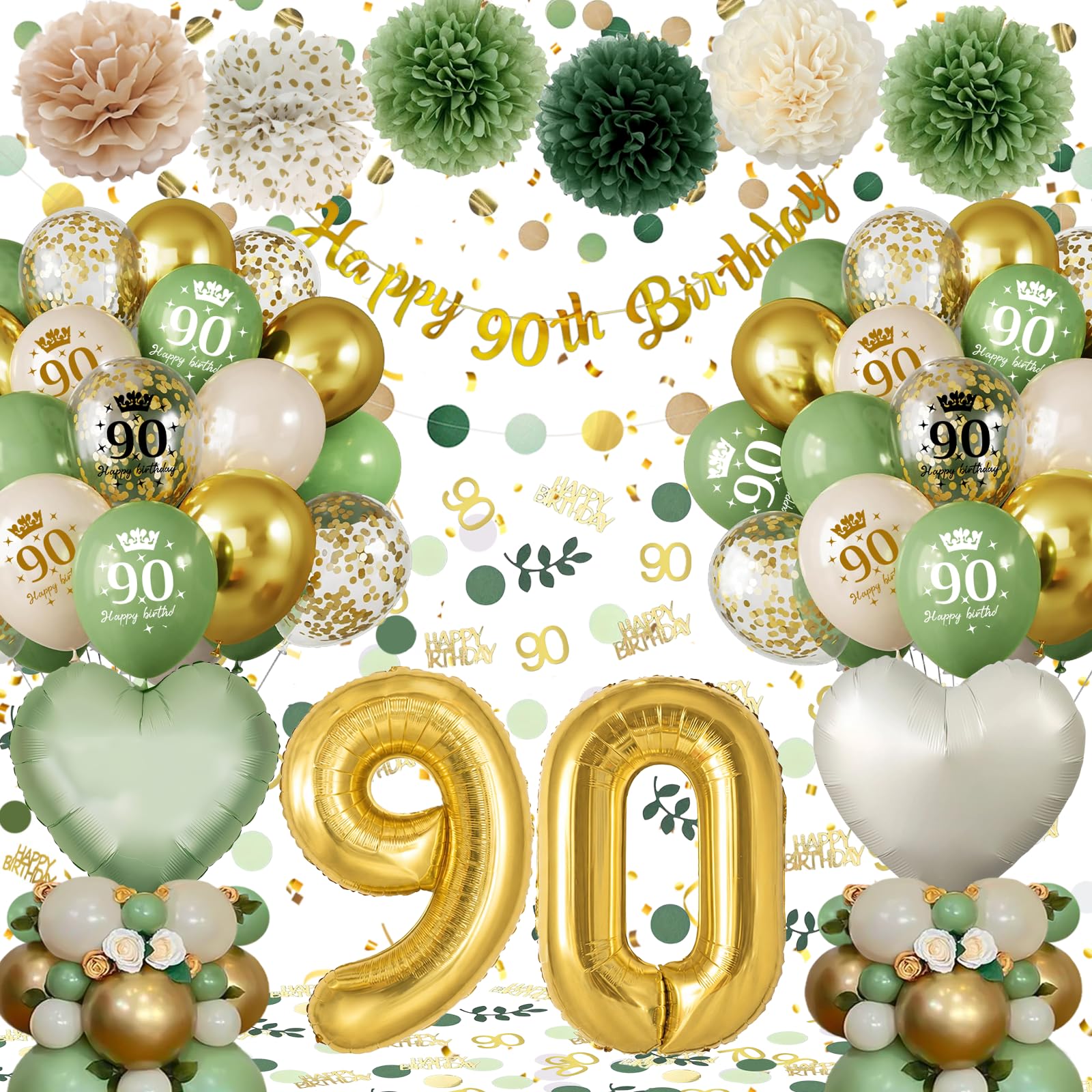 90th Birthday Decorations for Women Men, Green Gold 90th Birthday Balloons