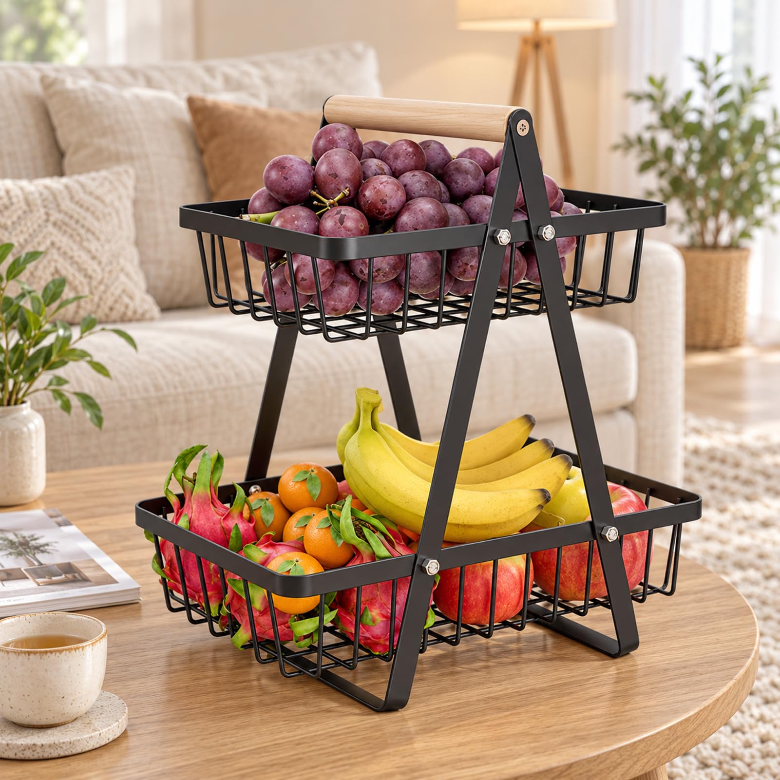 Hikrxya 2 Stöckig Obstkorb Etagere Schwarz - Obstschale Etagere mit Holzgriff - 2 Stöckig Metall Obstschale Küche