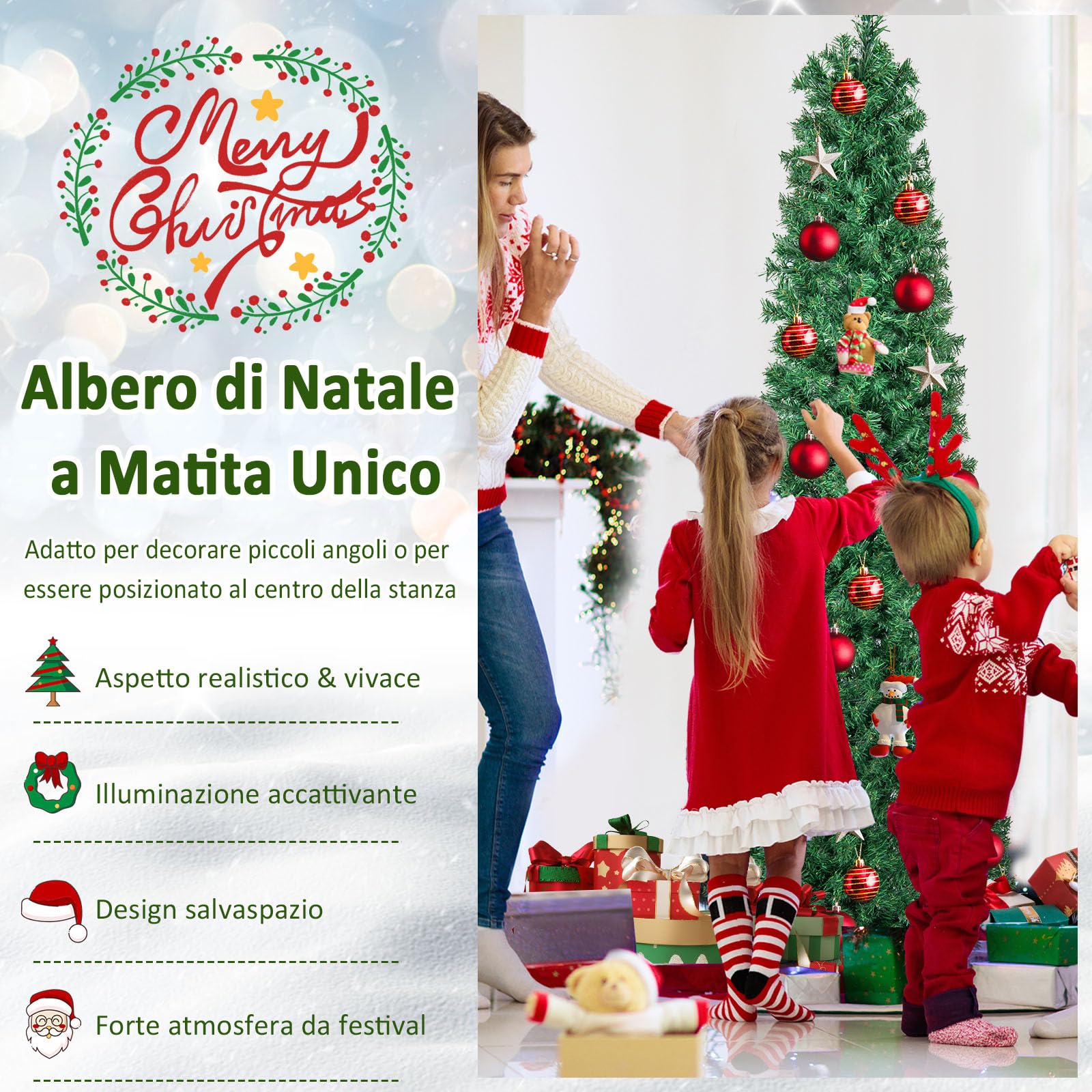 RELAX4LIFE Albero di Natale Artificiale Slim 180cm con Fibre Ottiche, Effetto Realistico e Luci Colorate,Base Pieghevole in Ferro