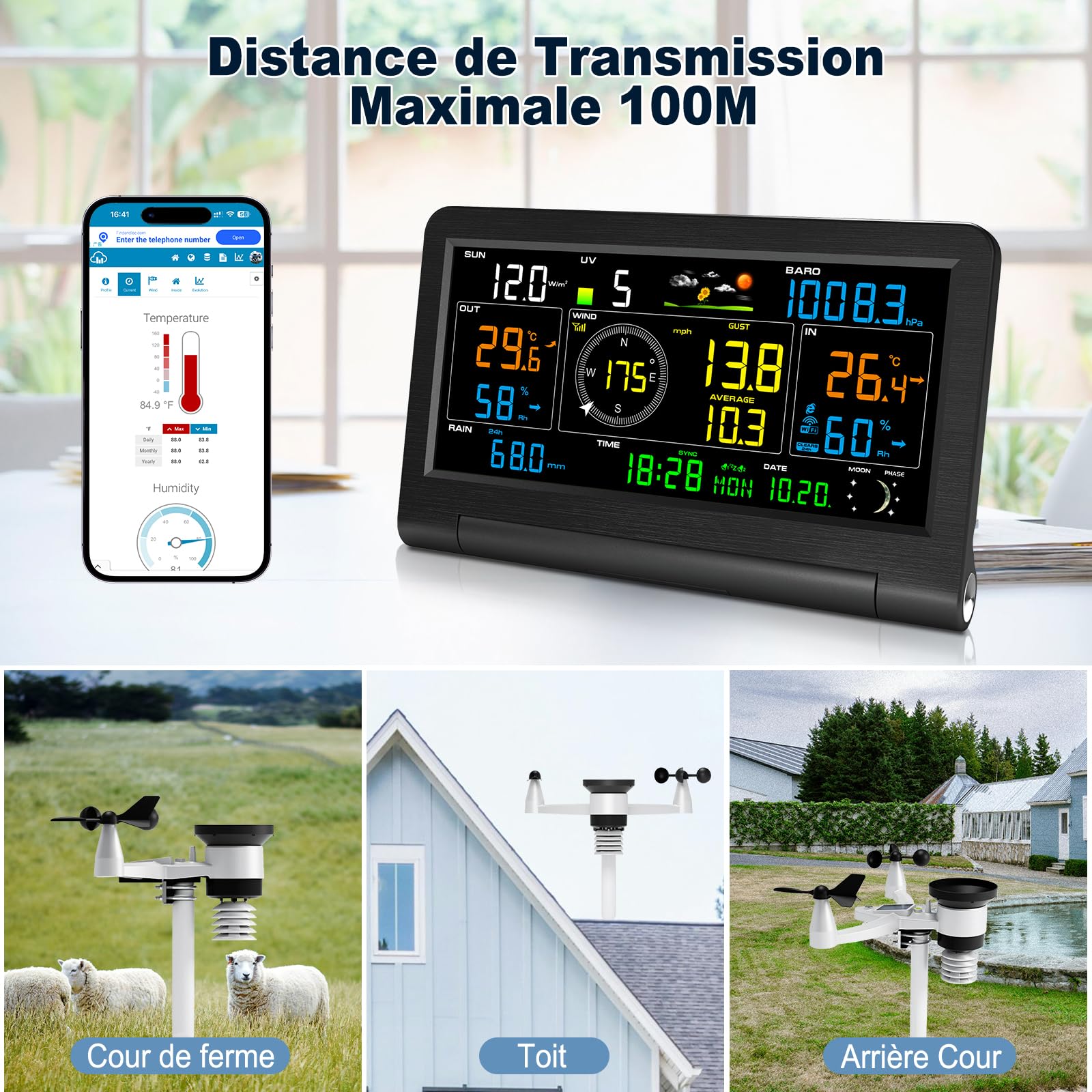 Urageuxy Station Meteo Connectée WiFi, 14-en-1 Station Meteo Sans Fil Avec Pluviometre, Baromètres, Anémomètre/Girouette, UV, Prévision Météo, Température et Humidité - Précision Professionnelle