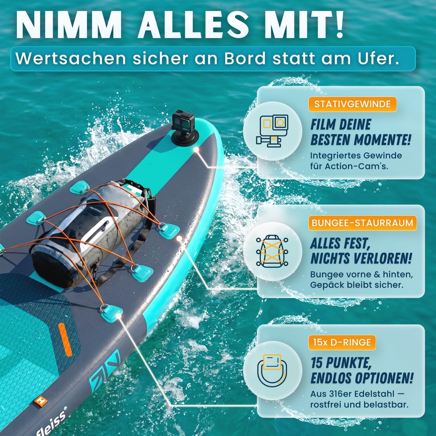 Heimfleiss® SUP Board aufblasbar | Stand Up Paddling Board Komplettset mit Sitz & Kajak-Funktion | Drop-Stitch PVC 320 x 81 x 15 cm bis 200 kg | Standup Paddle Board für Anfänger, Familie & Touren