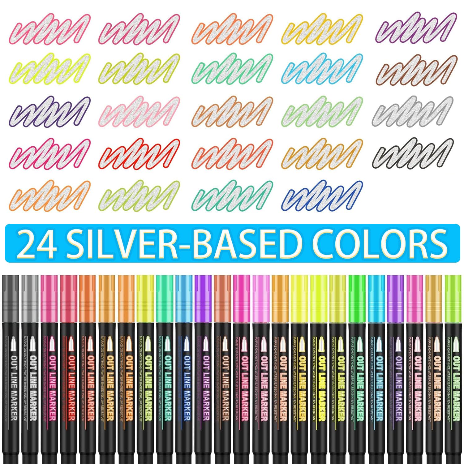 Double Line Outline Markers 24 Colors Super Squiggles Glitter Markers Self Outline Metallic Markers, Doodle Shimmer Markers Drawing Pens for Christmas Greeting Card, Birthday Gift, DIY Art Crafts