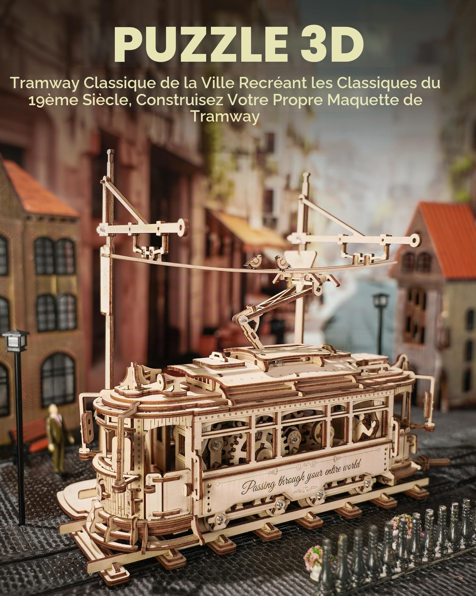 ROBOTIME Puzzle 3D en Bois pour Adultes - Tramway Classique de la Ville, Kit de Maquette d'engrenage de Construction, Décoration Exquise Cadeaux