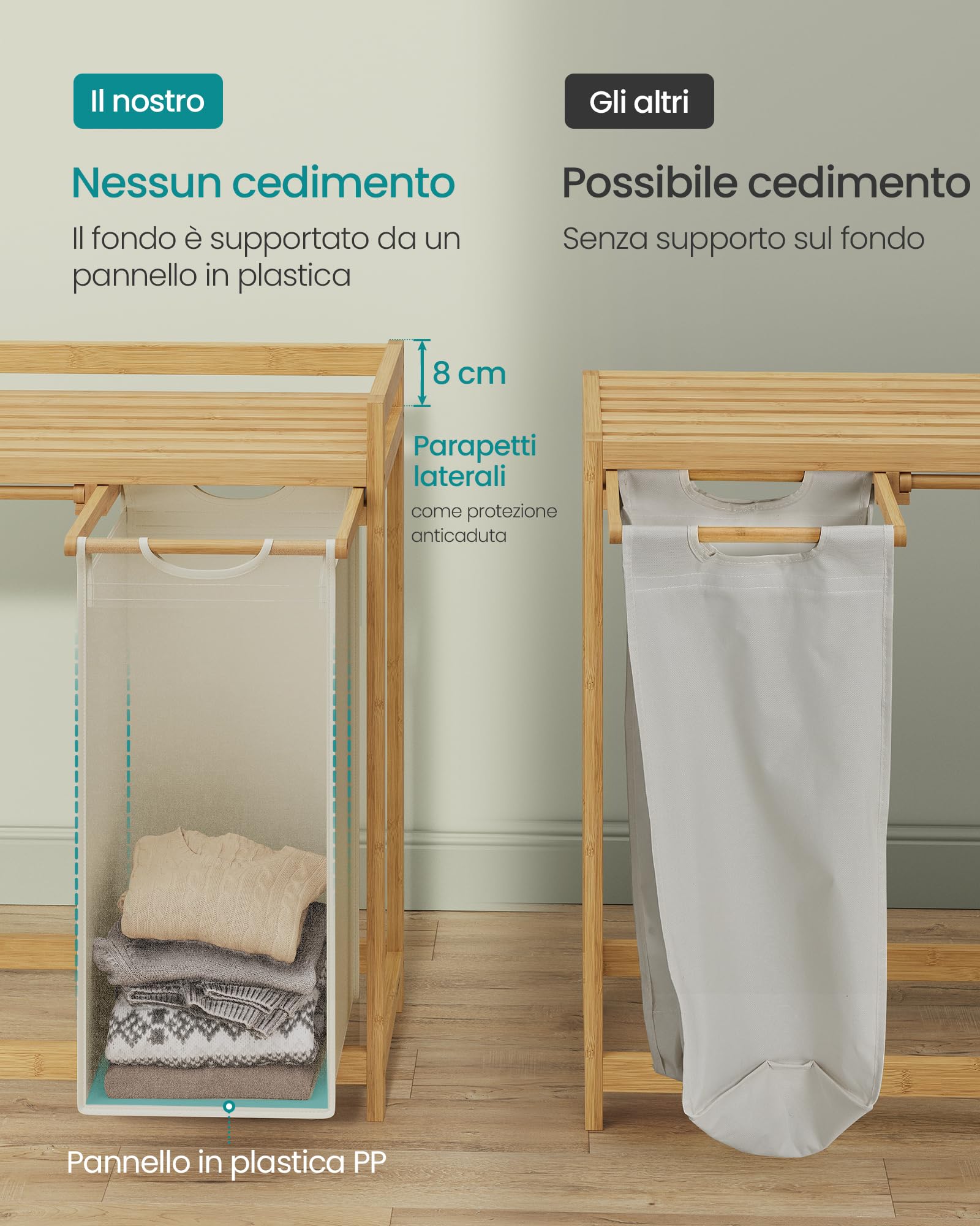SONGMICS Cesto Portabiancheria a 3 Scomparti, Cesto Biancheria Sporca in Bambù 150 L, Porta Biancheria con Piano, Tasche Laterali, 3 x 50 L, 94 x 33 x 78 cm, Bianco Crema RLH115W01
