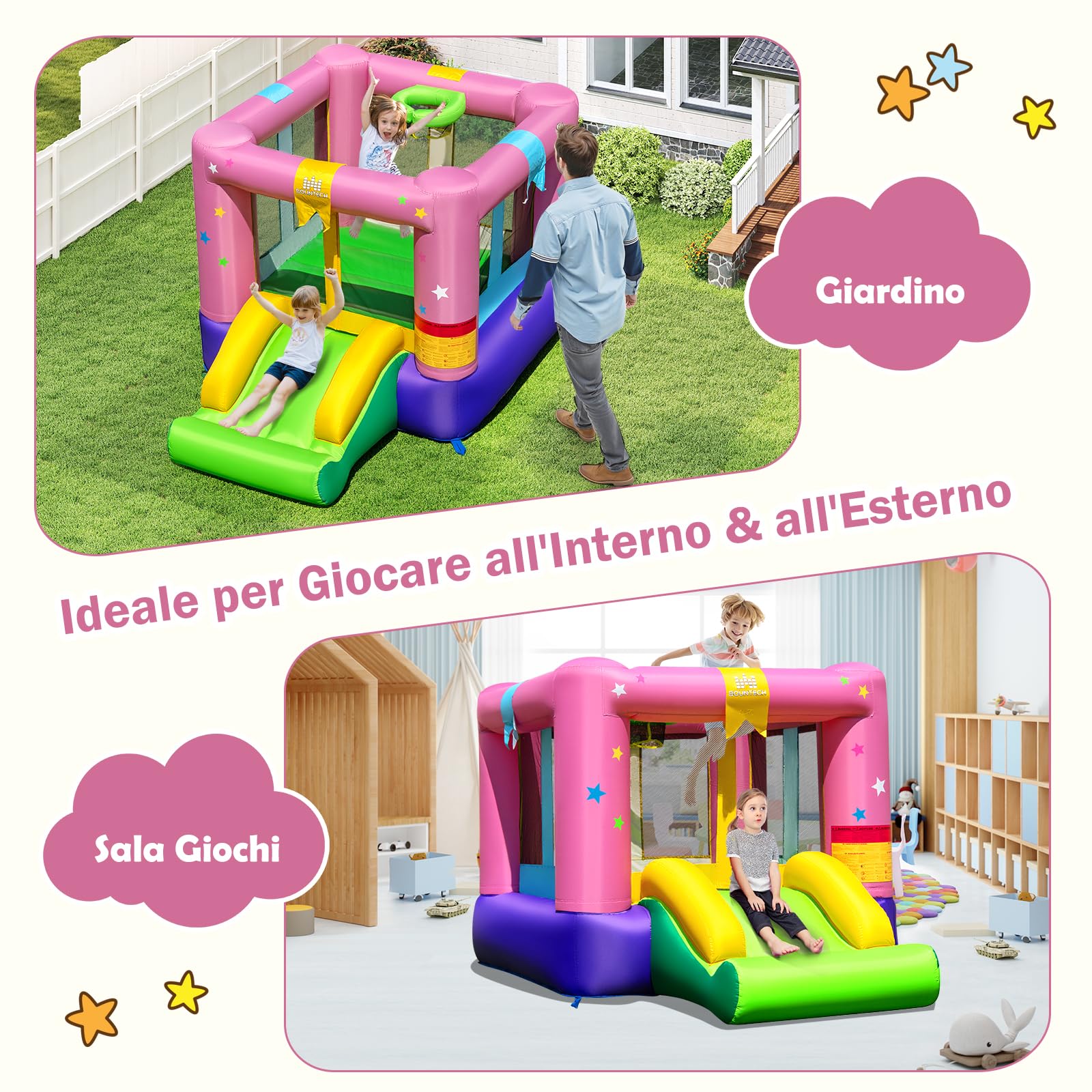 GYMAX Castello Gonfiabile con Area Salto, Scivolo, Gioco di Pallacanestro, Mini Rimbalzante per Bambini con Borsa da Trasporto, Mini Trampolino Gonfiabile per Feste Interno e Esterno
