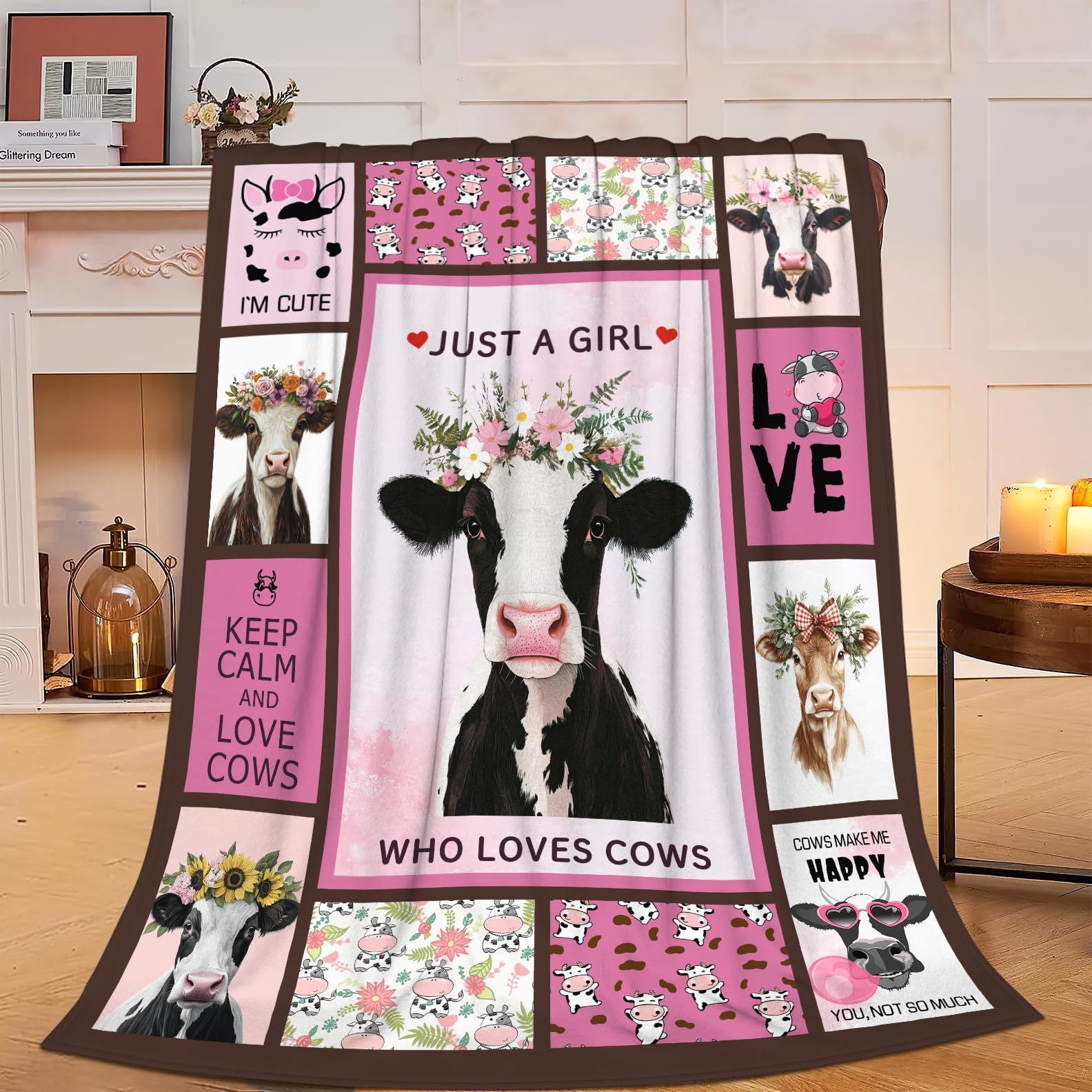 Cow Blanket Girls Super Soft Cozy Cow Plush Throw Blanket Warm Fleece Cows Flower Blanket for Kids Birthday Gifts 50"X60"