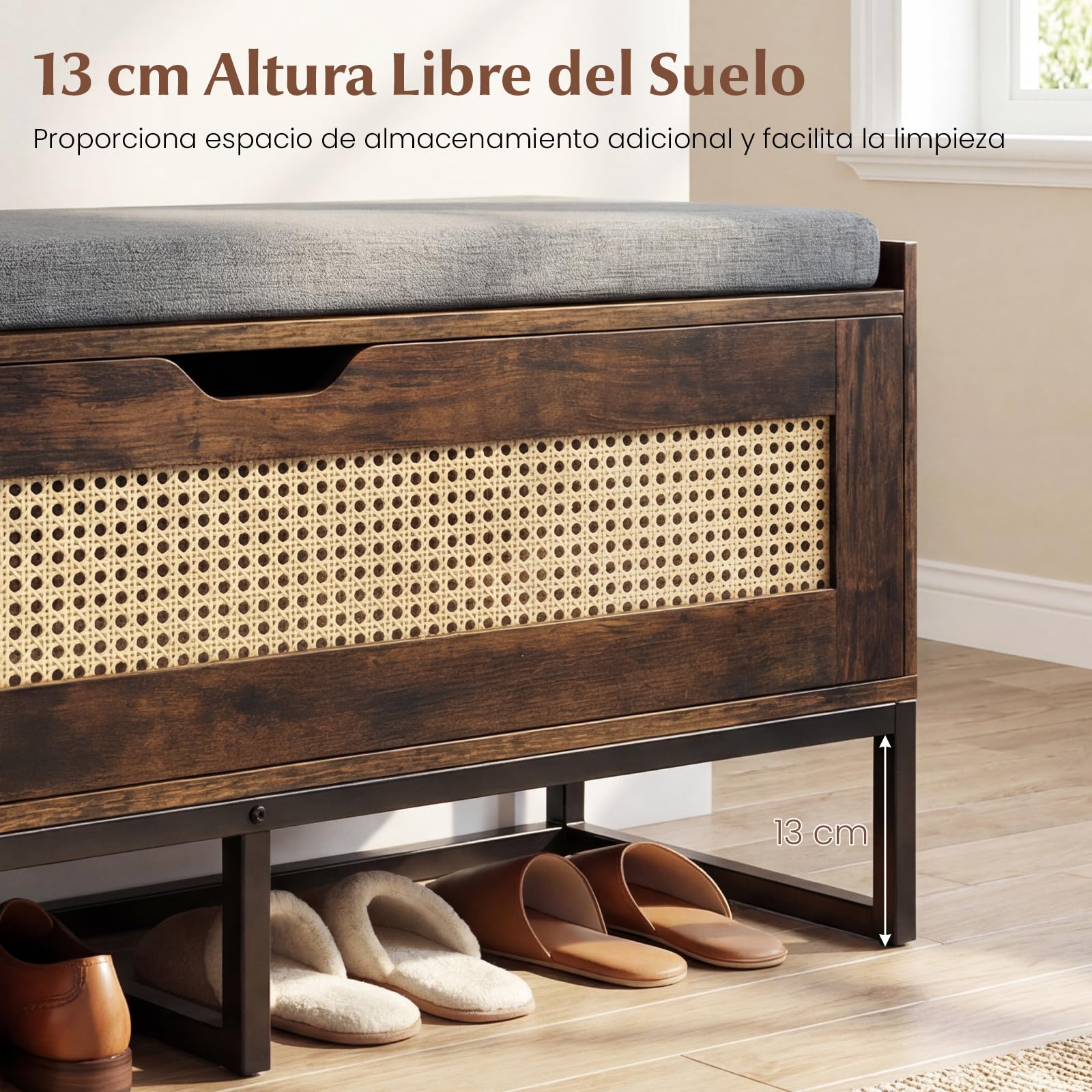 COSTWAY Puff Almacenaje de Ratán,100 x 35 x 44 cm, Banco para Zapatos de Mimbre con Asiento Acolchado, Banco Almacenaje con 2 Bisagras de Seguridad, Soporta 200 kg, para Dormitorio (Marrón Rústico)