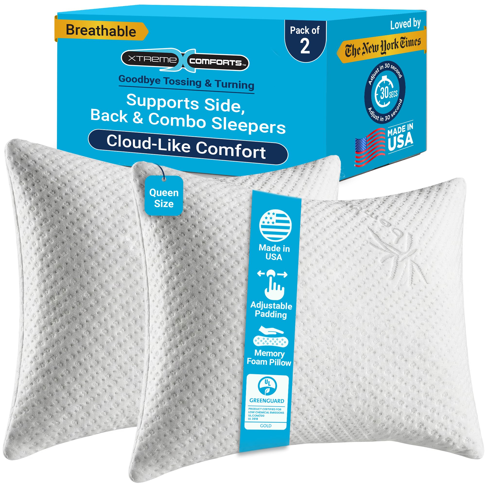 Xtreme Comforts GREENGUARD Certified Queen Pillows for Sleeping (2 Pack) | Adjustable Shredded Memory Foam Pillows with Removable Cover | Support for