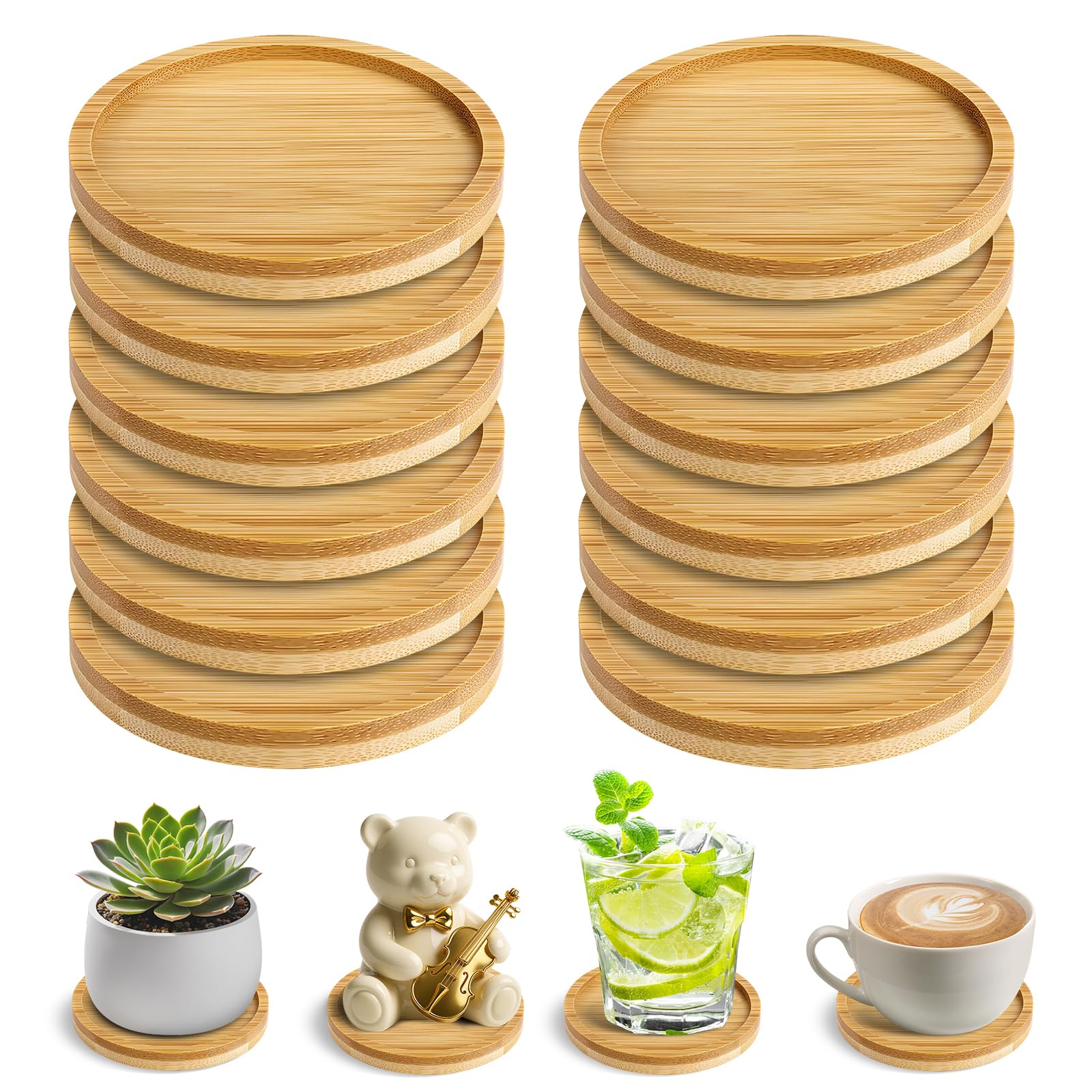 12Pcs Wooden Mosaic Coasters, 9.5cm Fillable Round Bamboo Coasters Set