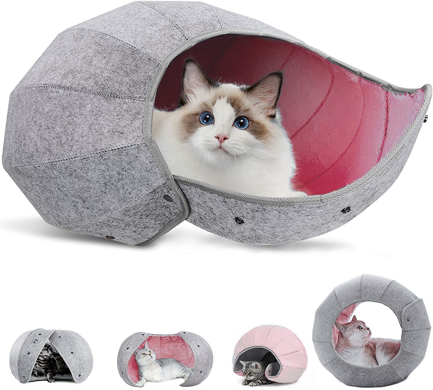 Camas para gatos de interior, plegable y lavable, de fieltro, cama cueva de gato, resistente a los arañazos, cómoda casa de gato, juguete (rosa)