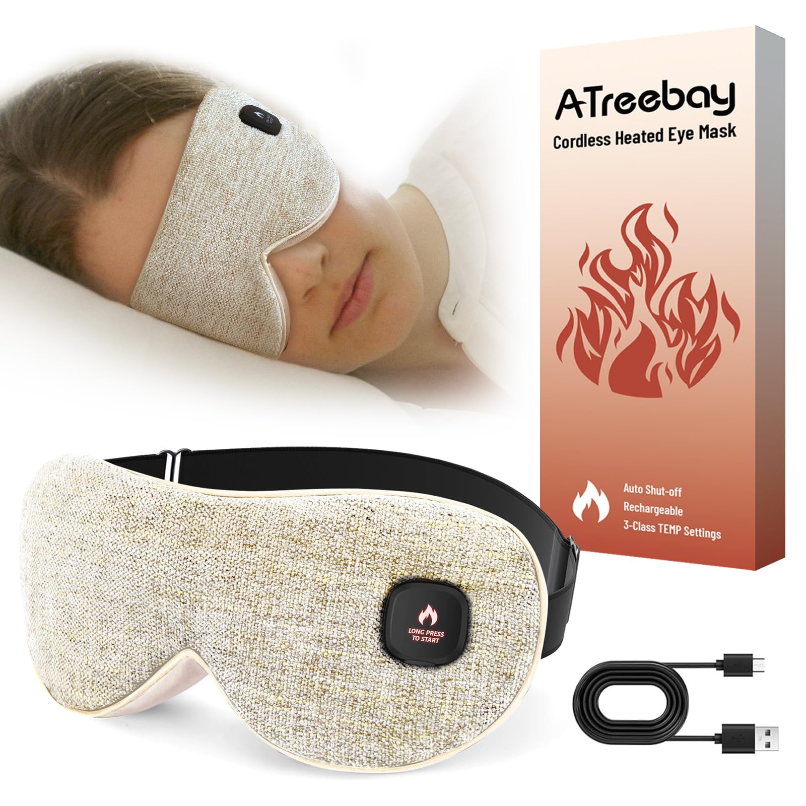 ATreebay Cordless Heated Eye Mask for Dry Eyes, Eye Mask for Dry Eyes, Washable Eye Heating Pad, Electric Warm Eye Compress, Gifts for Women Men (Warm