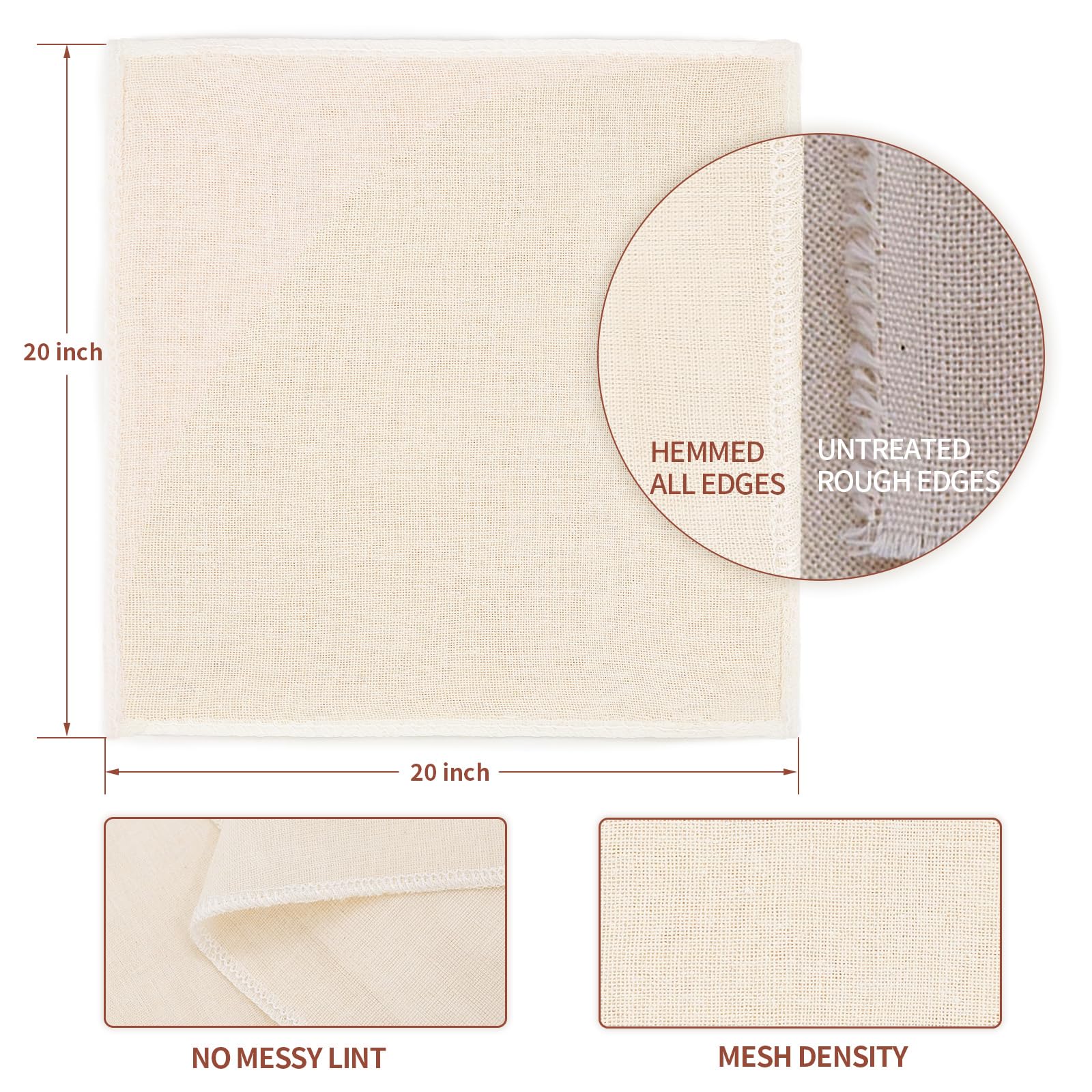 Lot de 12 chiffons à fromage réutilisables, 50,8 x 50,8 cm, tissu à fromage de qualité 100 % ourlé, 4 bords, étamine à fromage 100 % coton non blanchi pour égoutter, passoire en mousseline pour