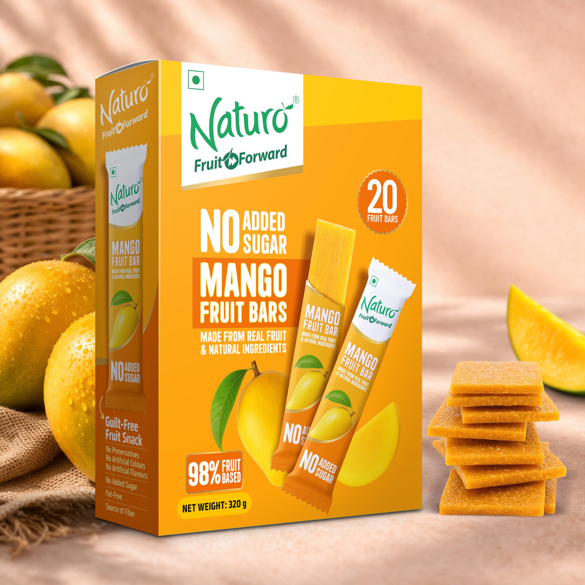 Naturo No Added Sugar Mango Fruit Bars | 98% Fruit Based | Made from Real Fruit & Natural Ingredients | Source of Fibre | Fat Free | No Preservatives, Artificial Colours or Flavours | 20 x 16g Bars (320g)-image-41