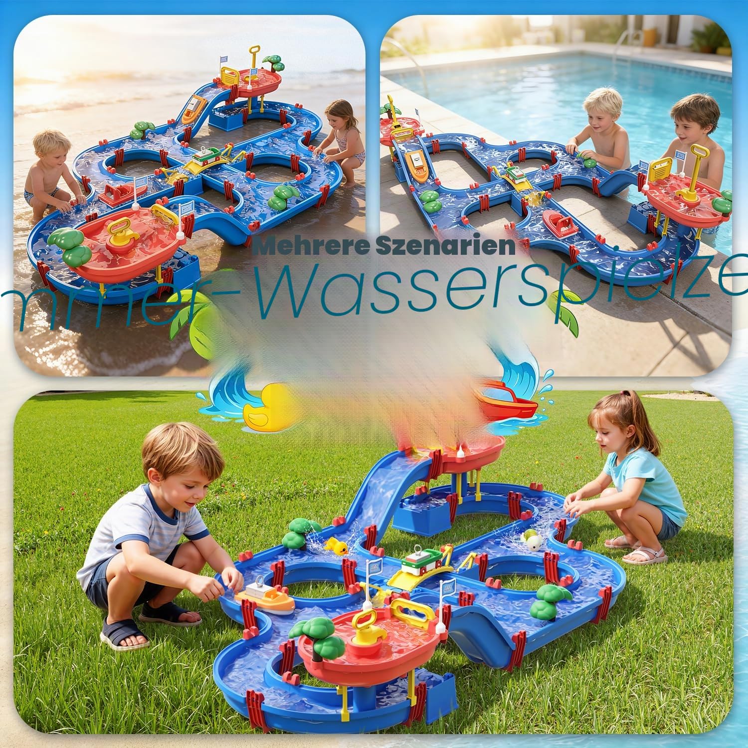 VATOS Kinder-Outdoor-Wasserräder-Spielzeug, 120 Stück, DIY-Wassertisch, Strandspielzeug auf Hinterhof, Rasen, Park, Pool, Wasserstraße, Spielzeug mit 2 Booten, Sommer-Outdoor-Aktivitätsfuns für
