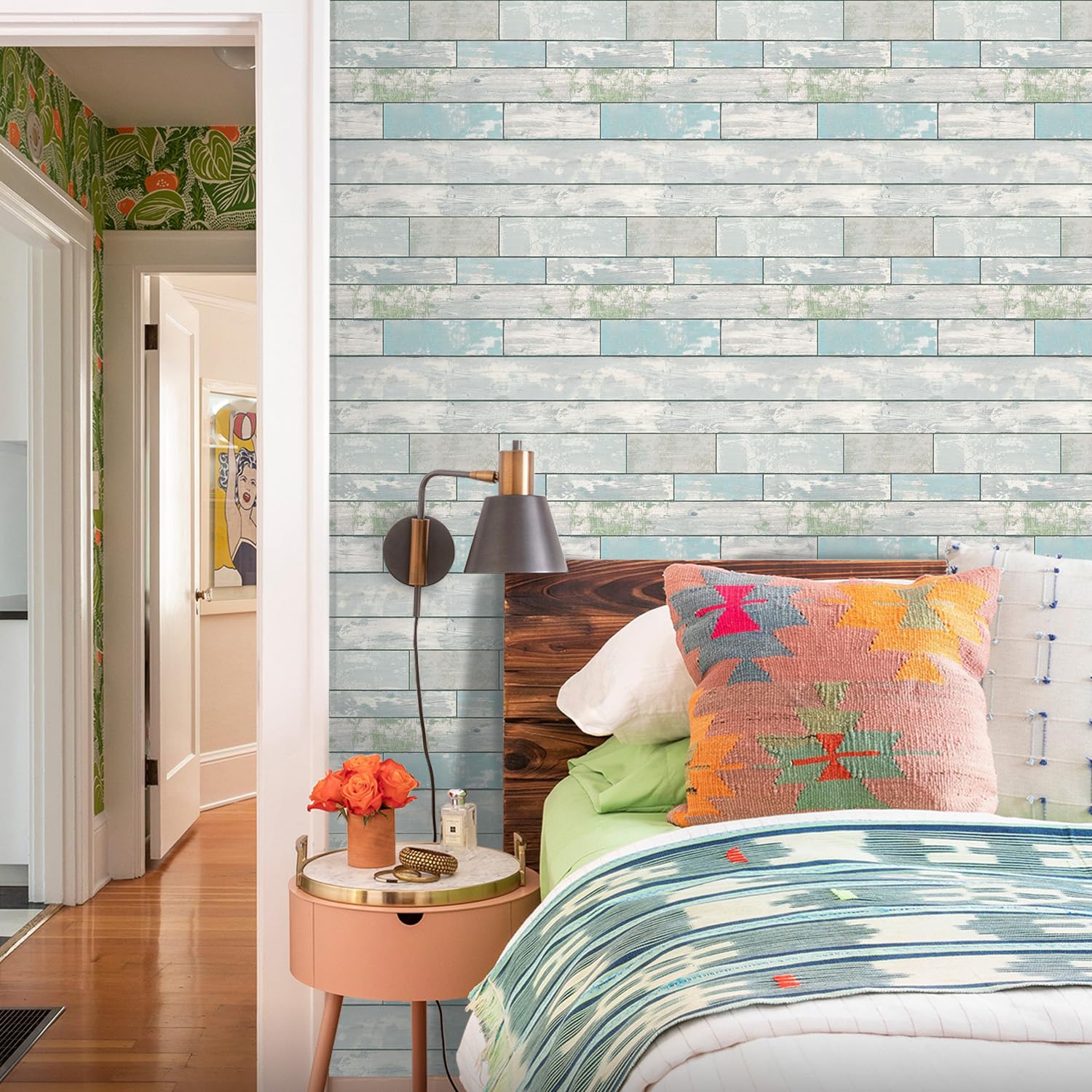 COMSTICKC Pannelli Murali 3d Adesivi Effetto Legno Bianco, 10 Pezzi 30x30 Cm, Pannelli Murali In PVC Legno Per Decorativi Pareti Interne Cucina, Bagno, Soggiorno, Impermeabile, Marrone-verde