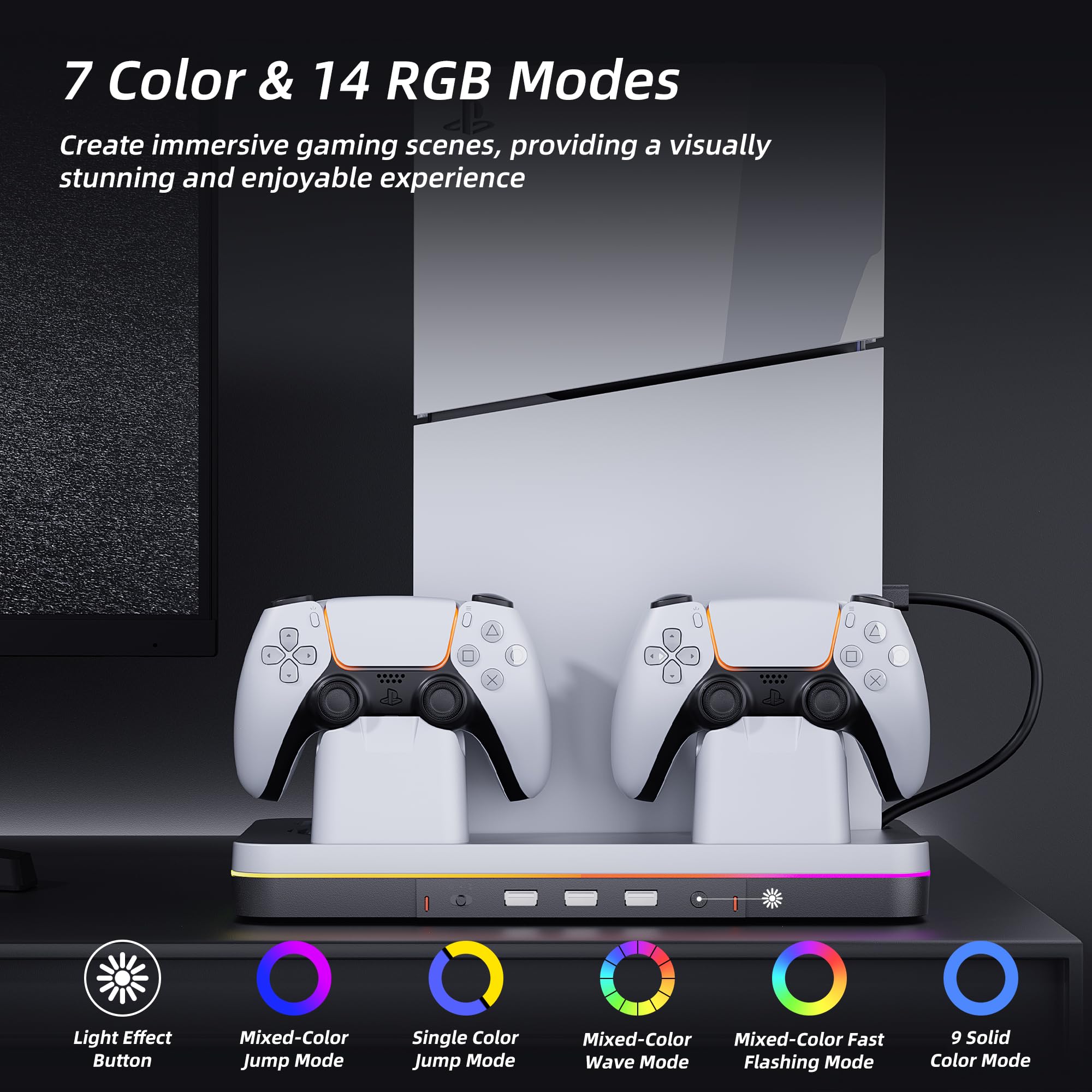 Mytrix Fast Charging Stand RGB Cooling Fan for PS5 Slim Console (Disc & Digital), with Controller Charging Station, Controller Charger, 3 Speeds Cooling Fan, Headset Holder, RGB Lights & 3 USB Ports