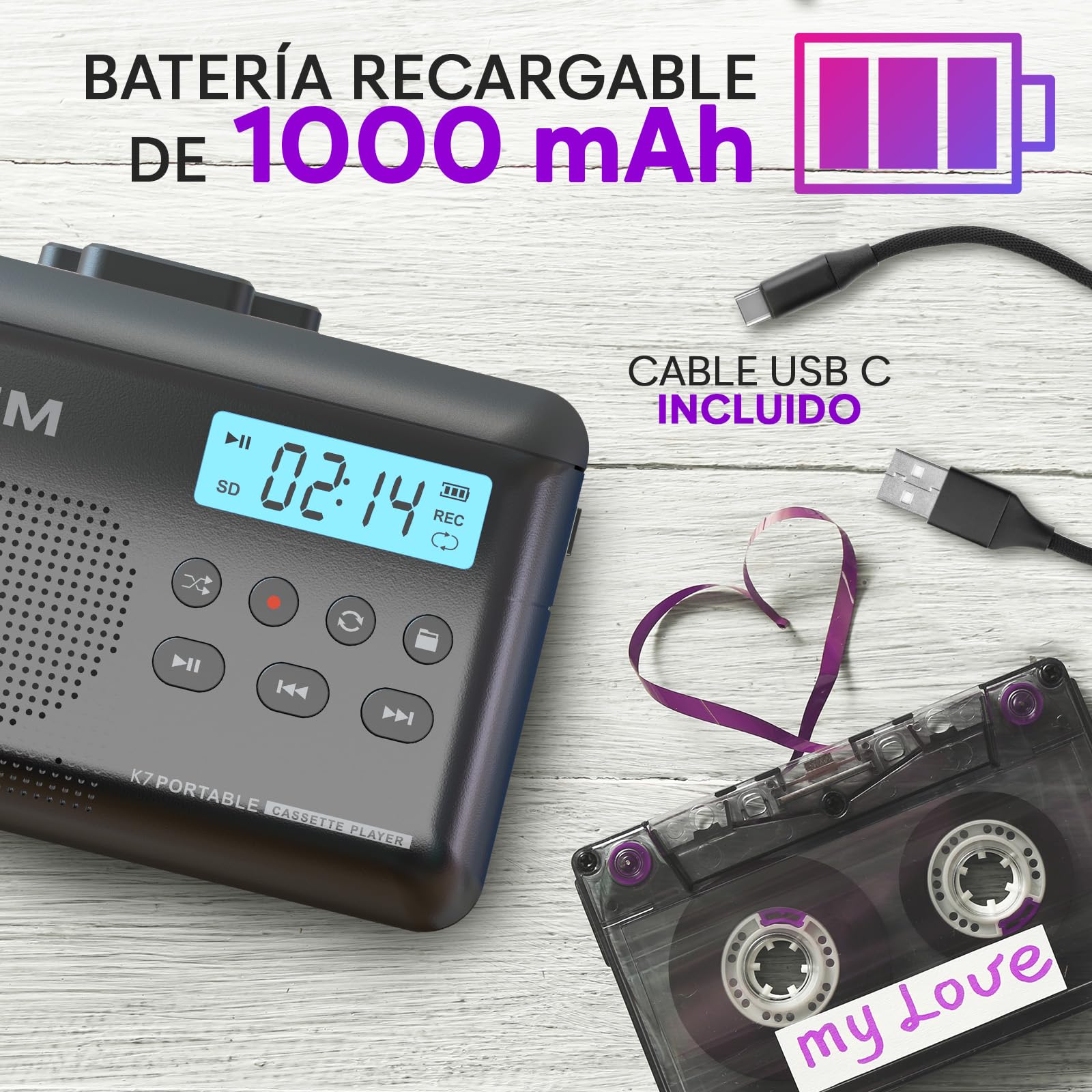KLIM K7 Reproductor Cassette - Conversor de Cassette a MP3 - Player Portátil con Micrófono y Altavoz Integrados - Batería Recargable - Auriculares - Tarjeta SD 16 GB - Ceniza