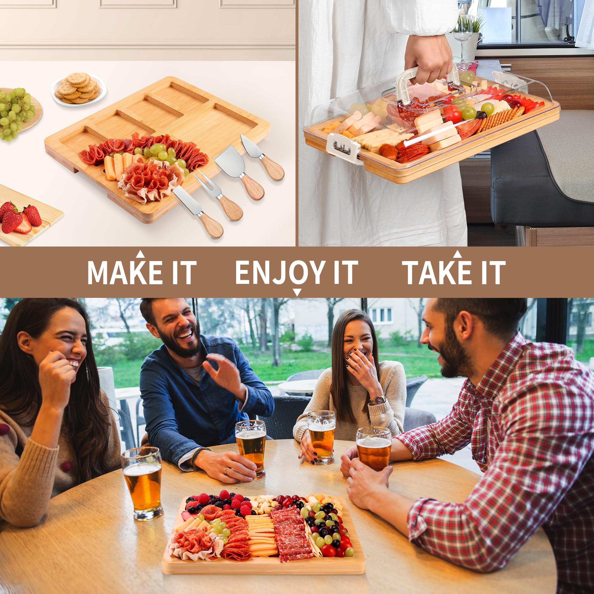 Board De Charcuterie En Bois Avec Couvercle - Plateau Fromage Et Service Portable Pour Fêtes, Pique-Nique Et Camping