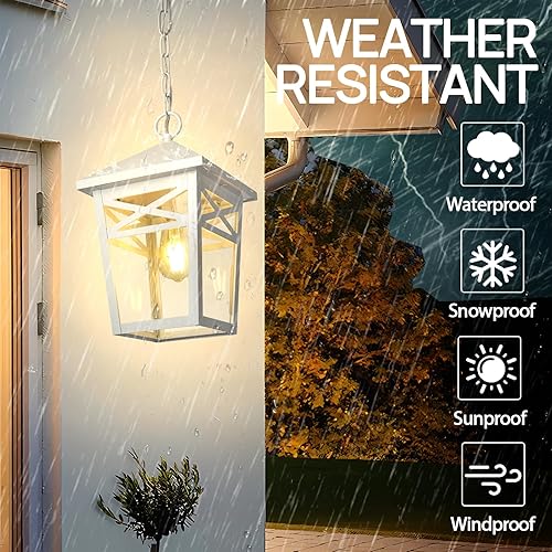 Miniatura 3 de Luces colgantes para exteriores para porche, grandes lámparas colgantes exteriores blancas con pantalla de vidrio transparente para patio, cenador,