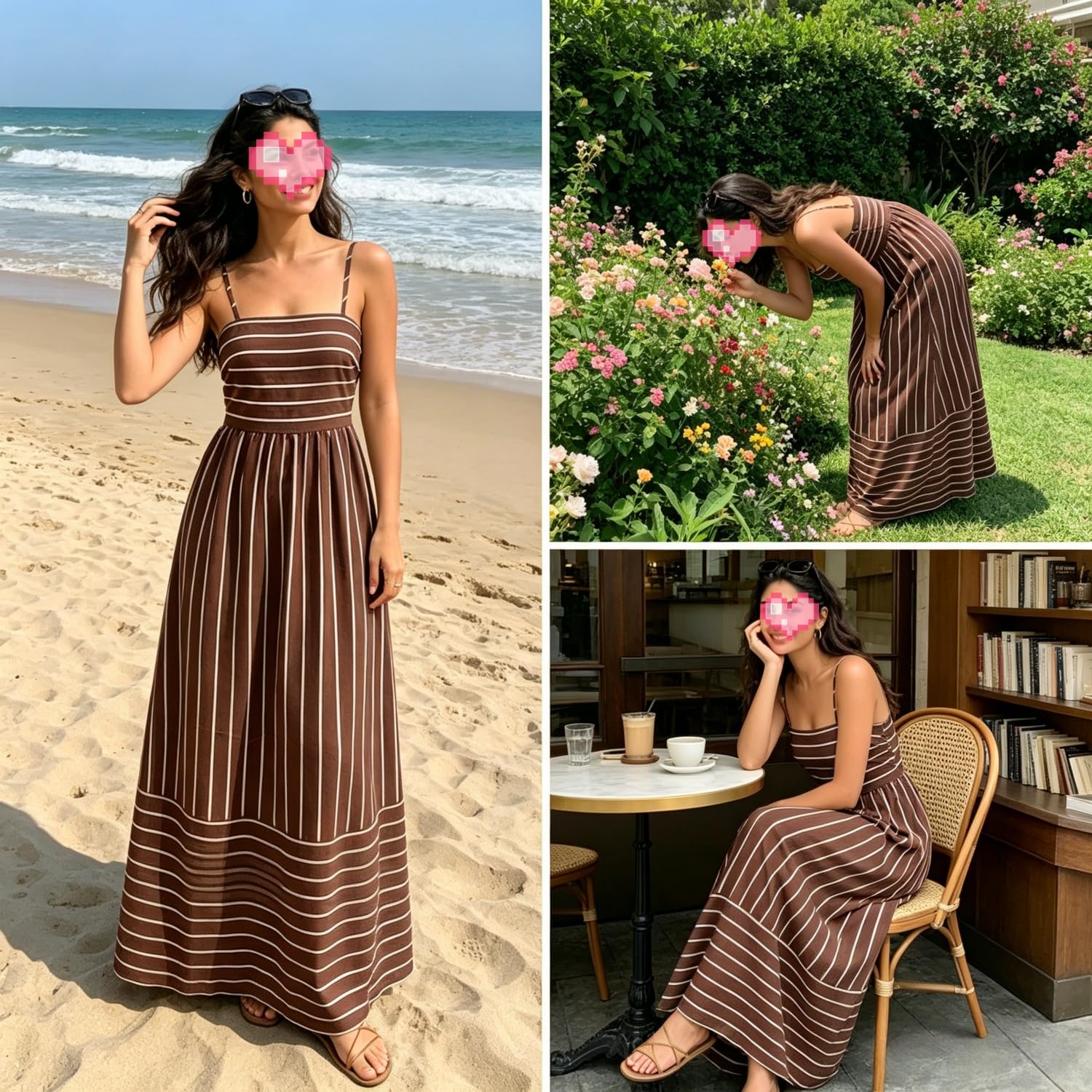 Generico Maxi Abito a Righe con Spalline Sottili da Donna; Elegante Abito Lungo a Vita Alta, con Scollo Quadrato e Spalline Sottili, Ideale per Le Vacanze