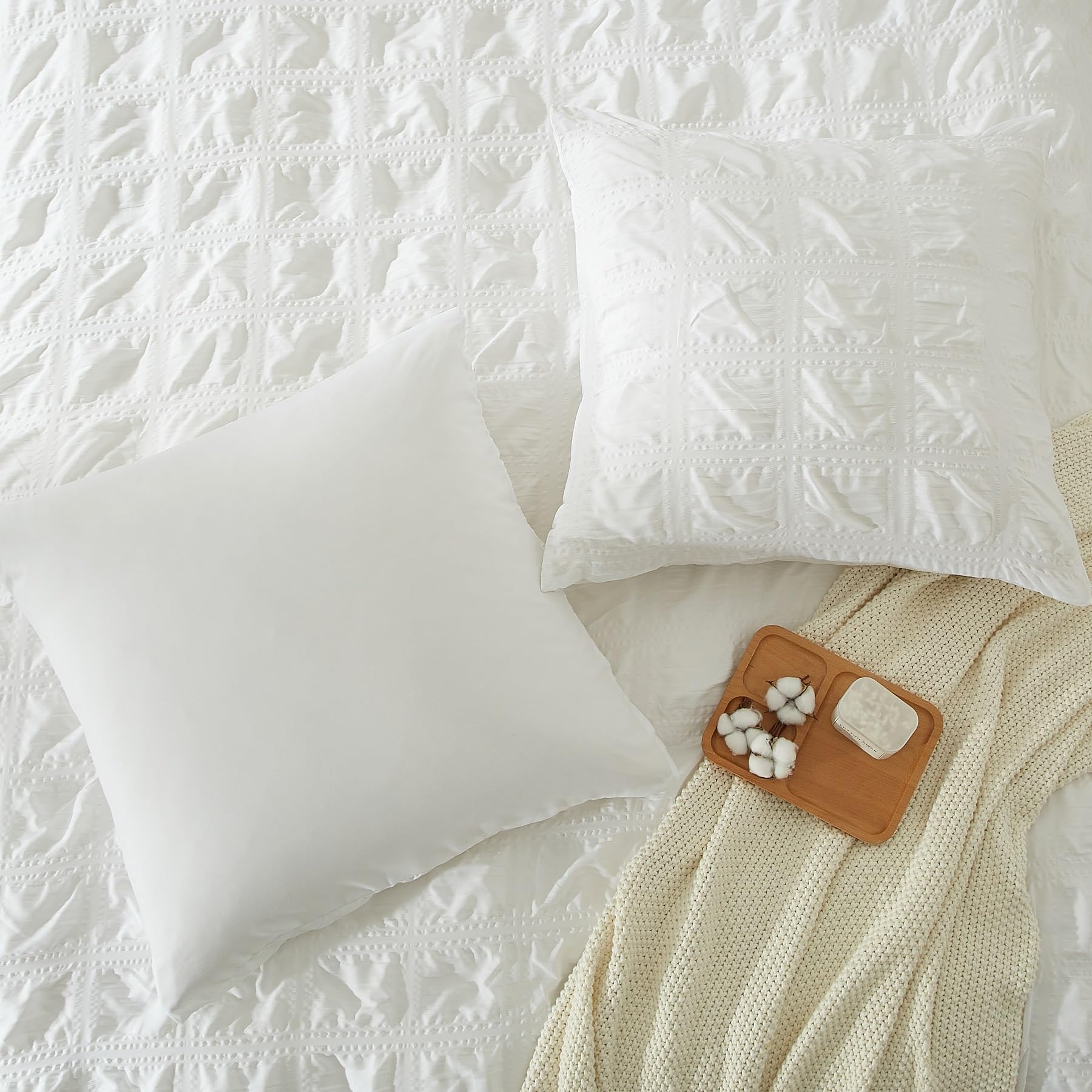 Ropa de cama a cuadros moderna en blanco, juego de 3 piezas tamaño Queen con cremallera, 2 fundas de almohada de 80 x 80 cm, microfibra, seersucker, transpirable, 1 unidad