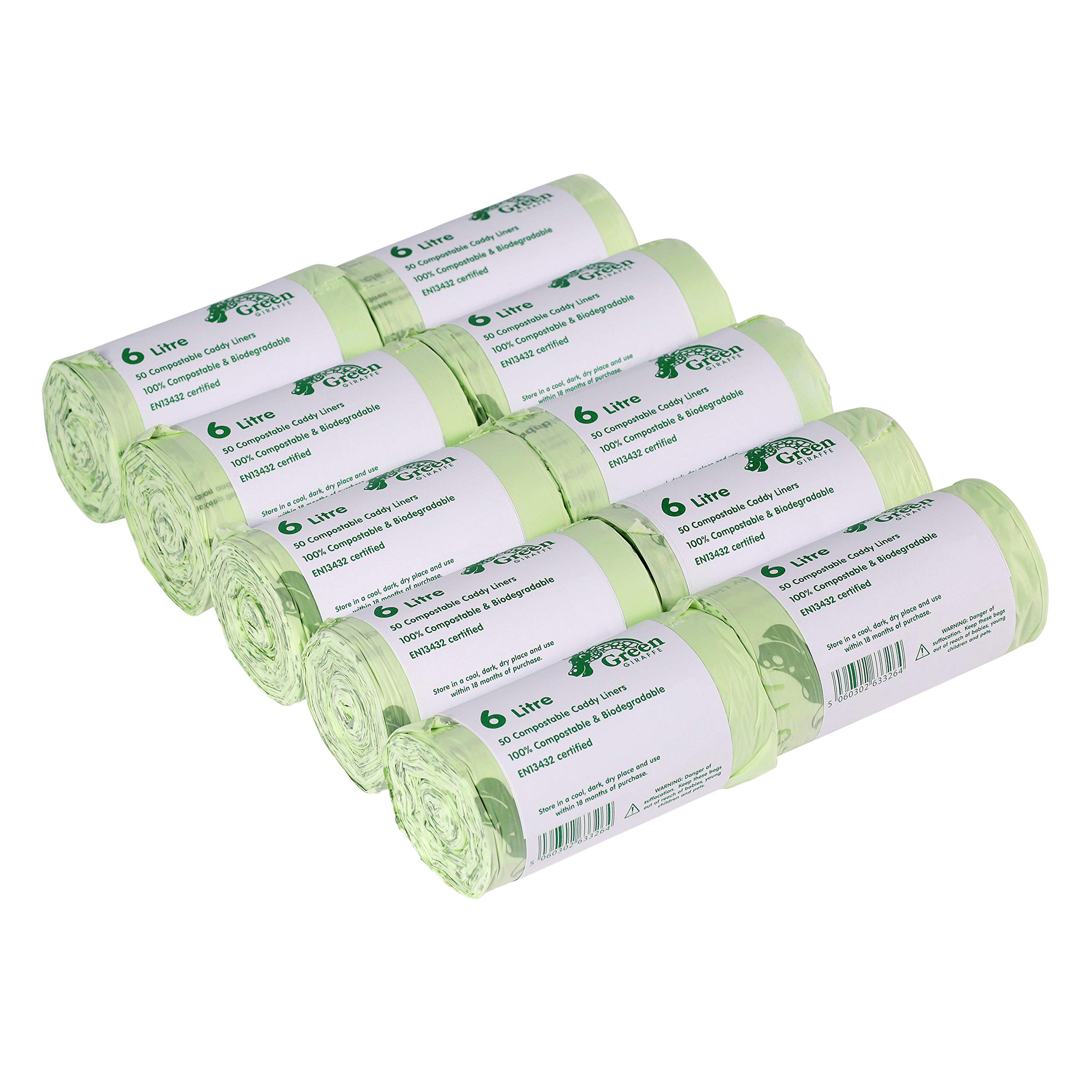 All-Green Green Giraffe 6L Compostable Kitchen Caddy Liners - Food Waste Bin Liners - 10 Roll - 500 Bags