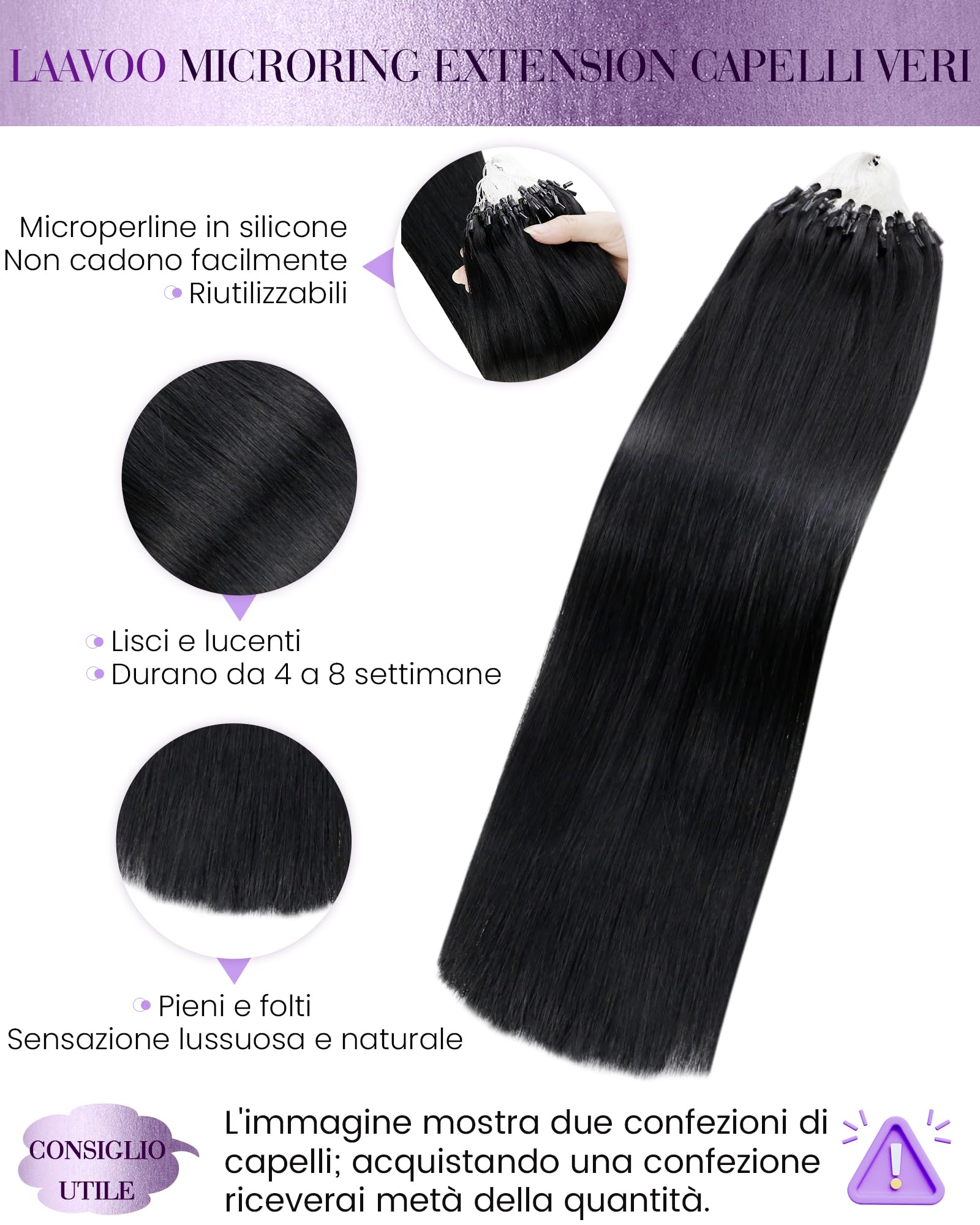 LaaVoo Extension Capelli Veri Microring, Nero Jet, 35cm 50g 50 ciocche, Capelli Remy Lisci, Leggeri e Invisibili, per Uso Quotidiano, Colore 1