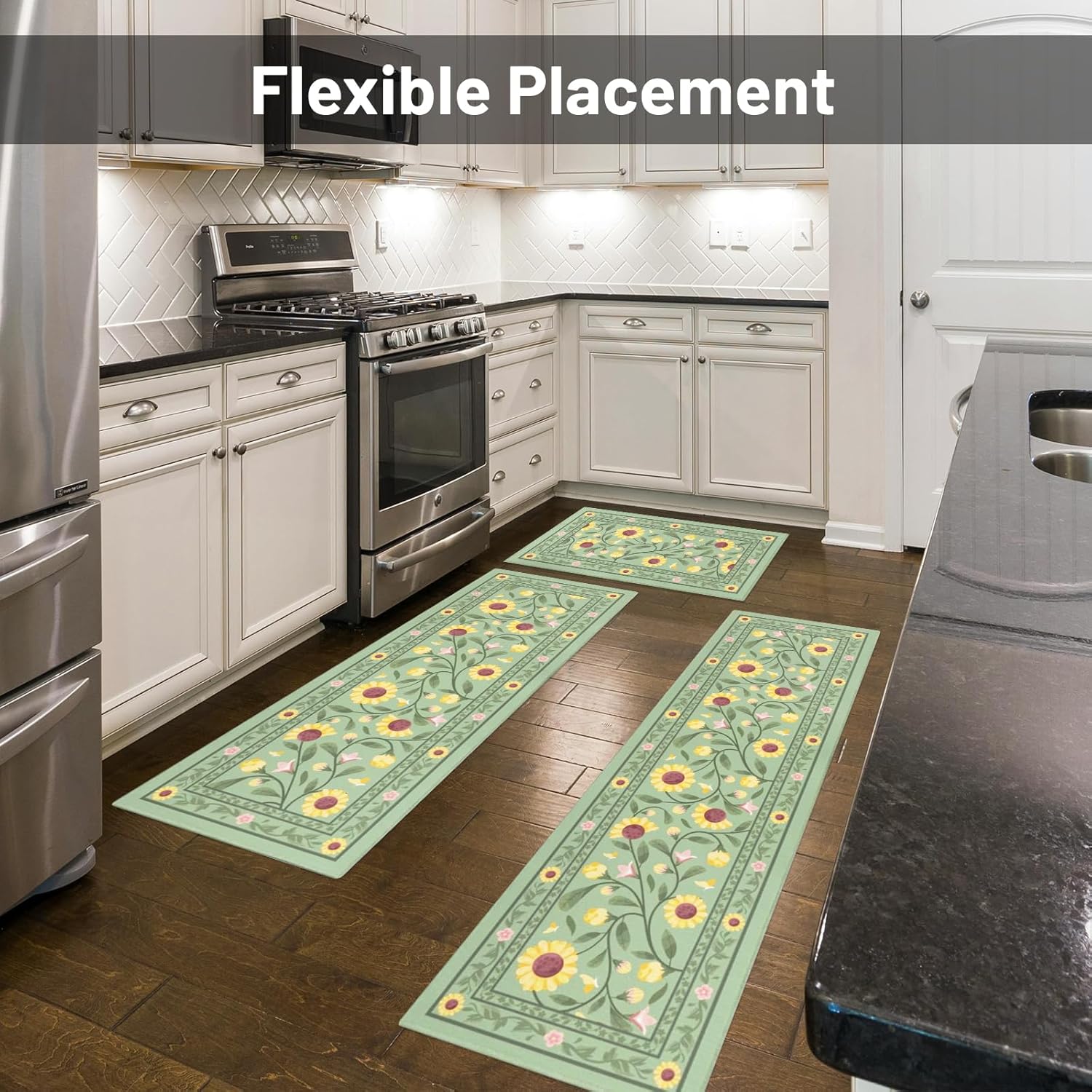 Boho Sunflower Kitchen Rugs Sets of 3, Flower Yellow Sage Green Kitchen Mat for Floor Area Runner Rug Washable, Farmhouse Sage Green Kitchen Decor and Accessories