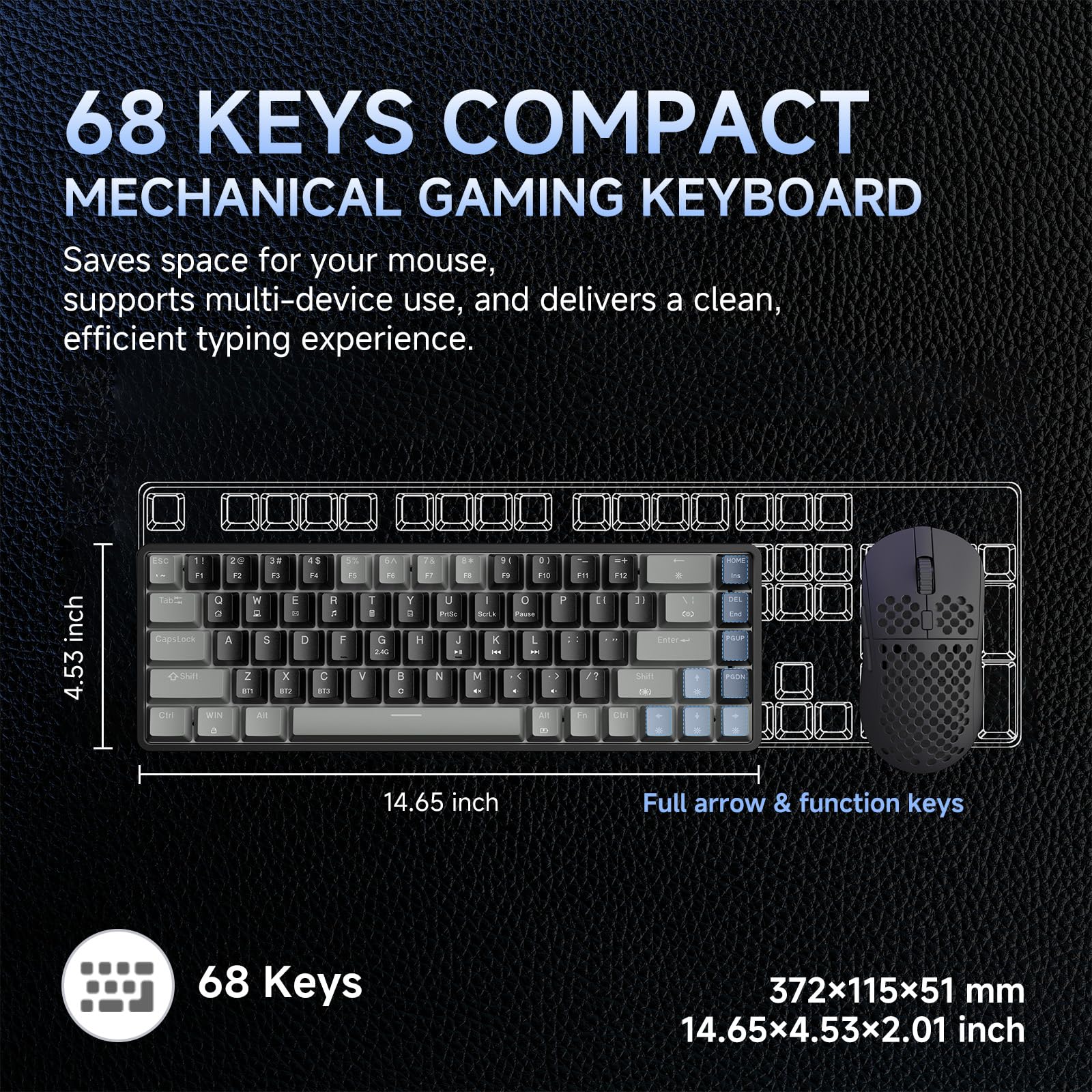 Dierya DK68 Tastiera Gaming Wireless,60% Tastiera Meccanica Bluetooth/2.4G/USB-C RGB,Interruttore Rosso,Double-Shot ABS Keycaps Compatibile con Win/Mac,Nero grigio-B(Layout US,QWERTY)