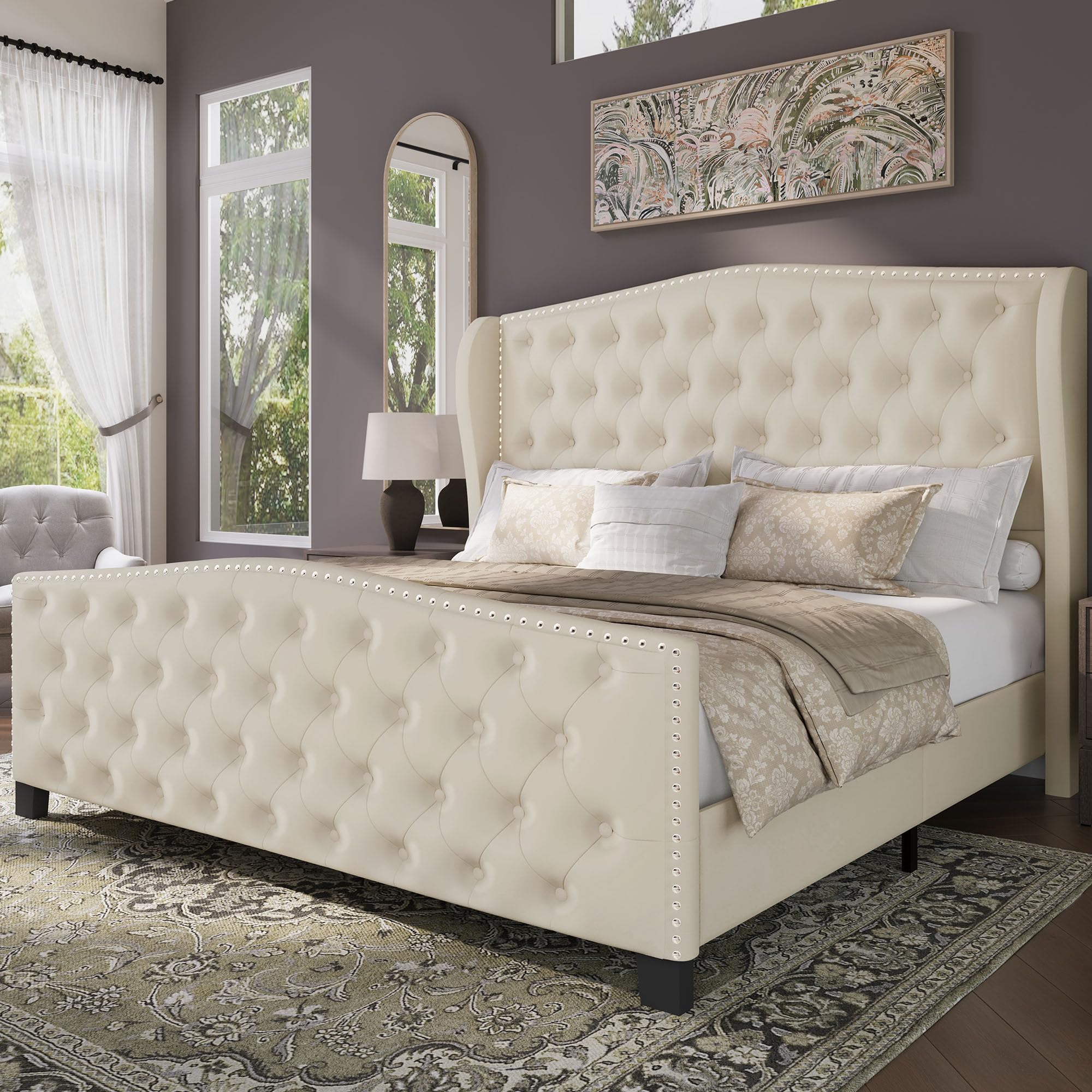 BRELTAM Upholstered Queen Size Bed Frame Velvet Beige Tufted Platform Bed Frame with Wingback Headboard & Footboard, with Deep Button Tufted &