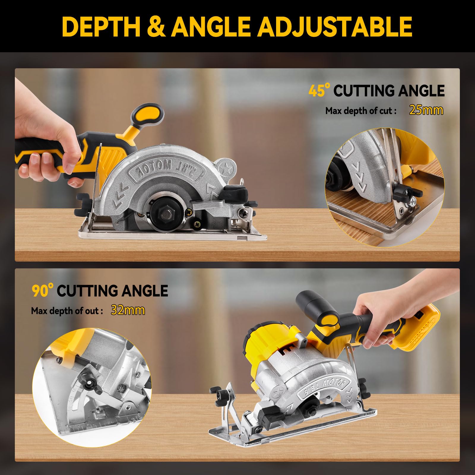 Sierra circular inalámbrica para sierras circulares eléctricas sin escobillas Dewalt de 18 V 20 V, 1000 W y 6200 RPM con 3 hojas de sierra de 125 mm, bisel de 0 a 45°, profundidad de 32 mm para madera