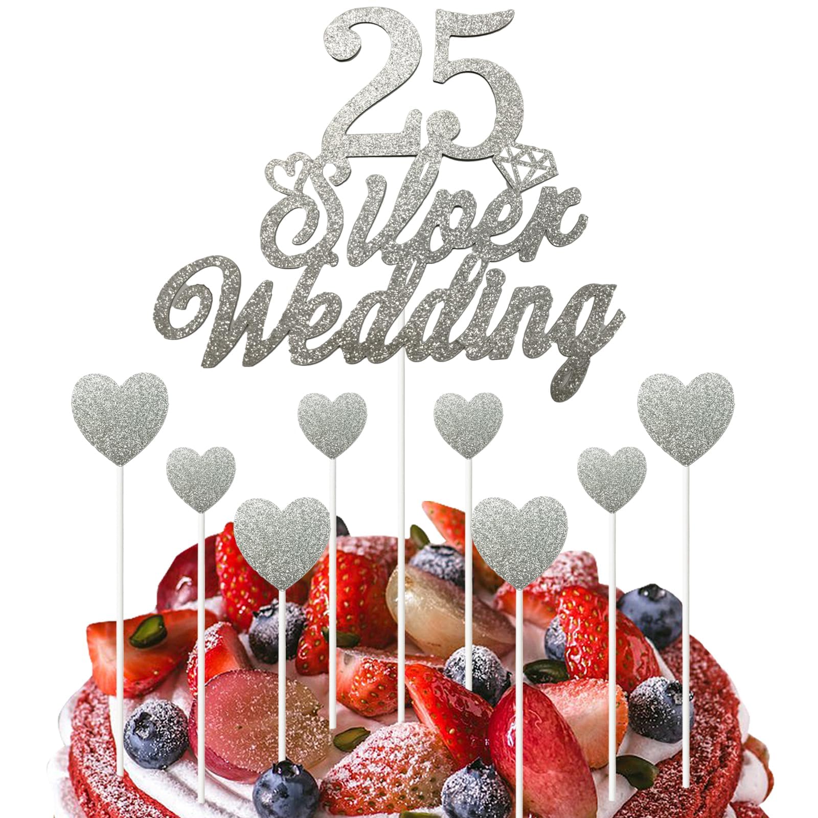 Juego de adornos para tartas de 25º aniversario de boda, decoración de pastel de corazón con purpurina plateada para 25 aniversario de boda, celebración de boda, suministros de fiesta