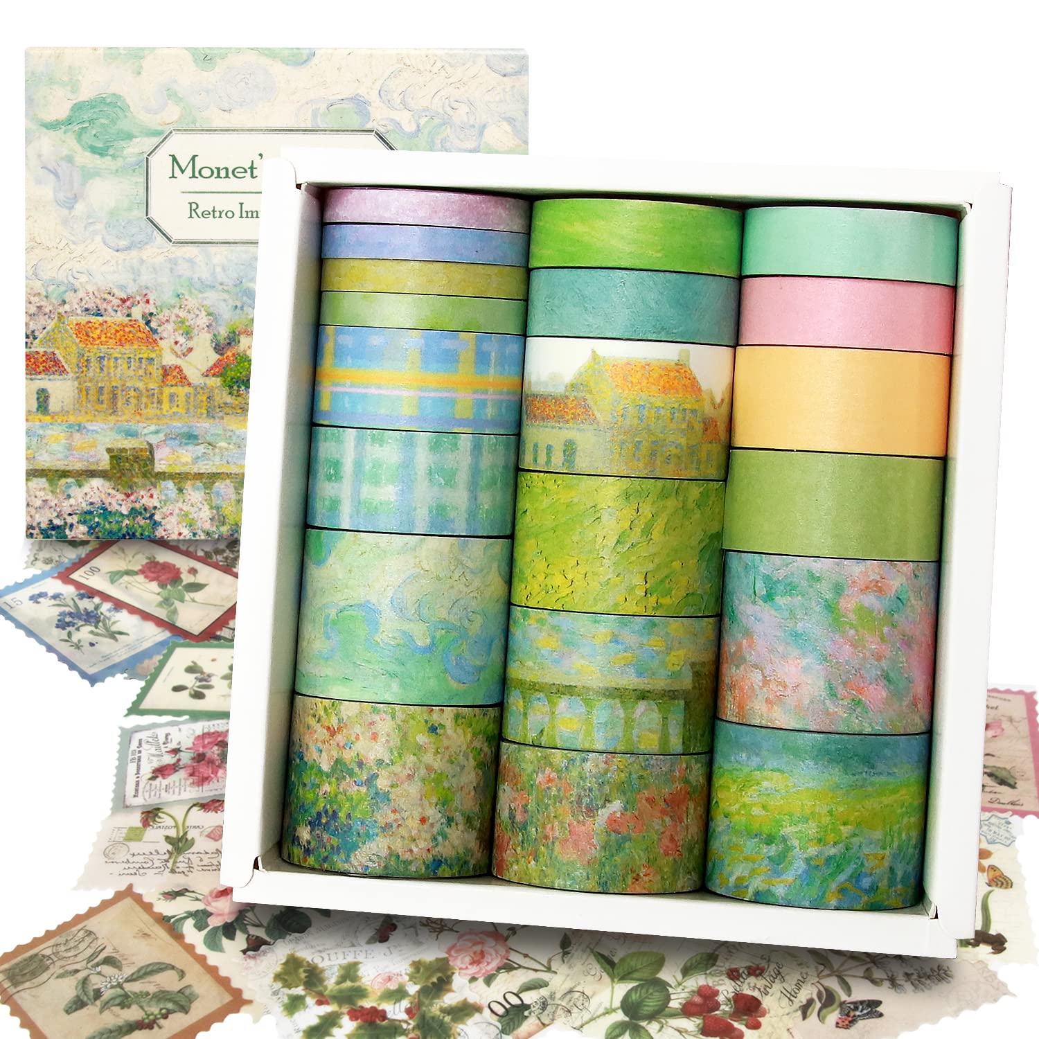 NIKOMIE 20 Rolls Vintage Washi Tape & 30 Pcs Floral Nature Plant Stamp Sticker Set,Aesthetic Masking Tape for Scrapbook Supplies,Junk Journal, Planner