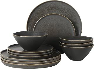 Gibson Elite Coastal Forest Plates and Bowls Sets, 12-Piece Stoneware Dinnerware Sets, Triple Reactive Glaze Dish Set - Black