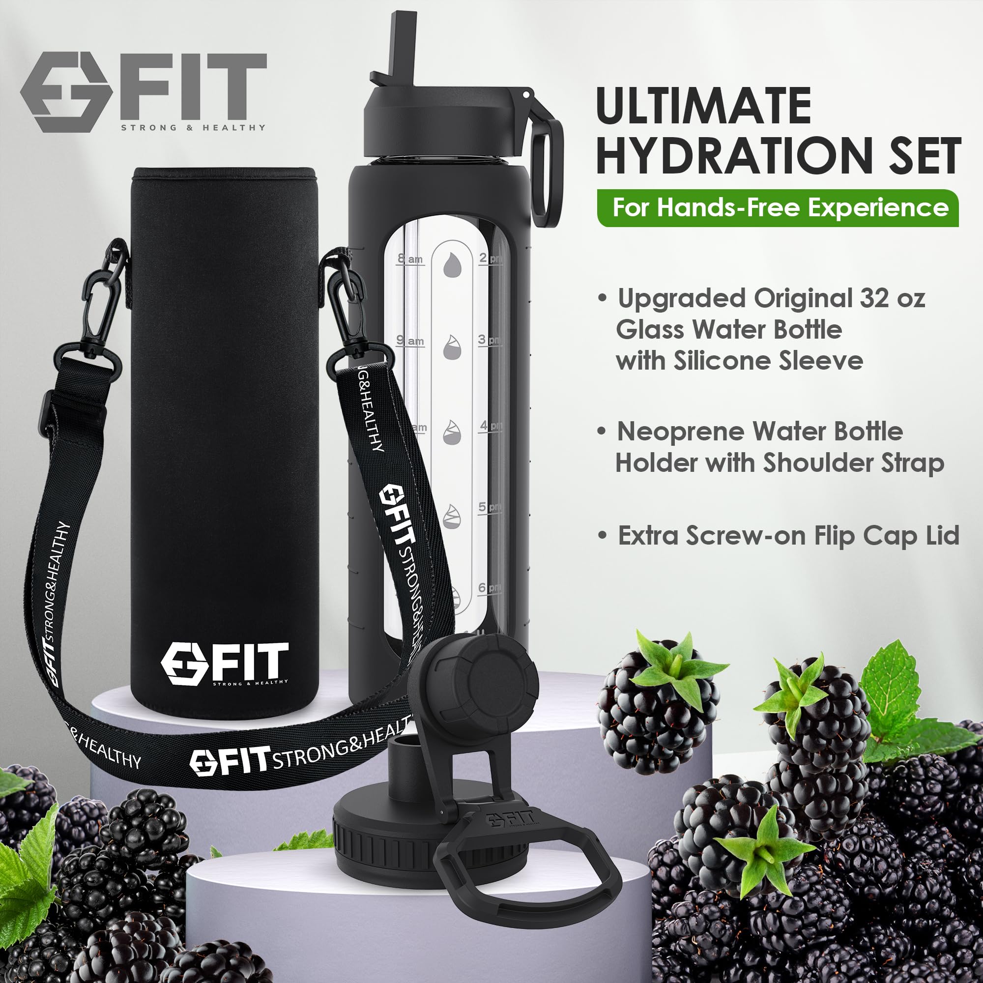 FIT Strong & Healthy Szklana butelka na wodę, przypomnienie o pojemności 950 ml – dodatkowa pokrywka, wielokrotnego użytku, szeroki otwór, przypomnienie o nawodnieniu, 1 litr szklana butelka na napoje, izolowana (czarny rękaw + pojemnik)