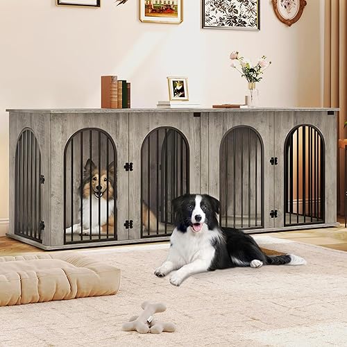 Mueble de jaula para perros de 88.4 pulgadas para 2 perros, soporte de TV para perreras de interior resistente, jaula de madera XXL con divisor para