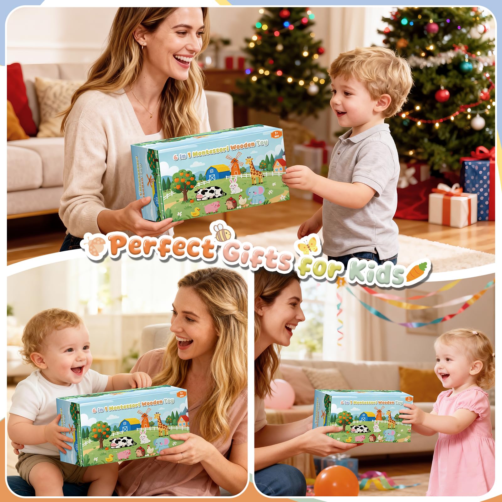 Montessori Spielzeug ab 1 Jahr，6-IN-1 Tücherbox Baby Spielzeug ab 6 Monate, Steckspiel Motorikspielzeug ab 1 2 Jahre, Sensorik Babyspielzeug für Kinder- Geschenk 1-2 Jahr Junge Mädchen