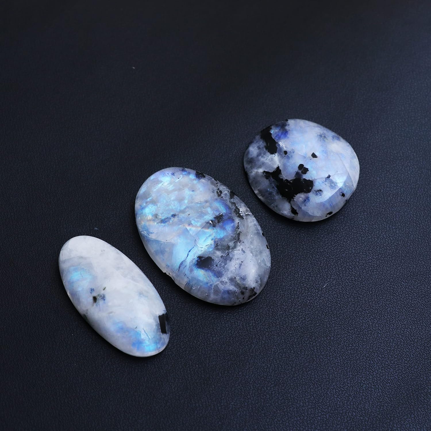 Gempires Natural Rainbow Moonstone with Black Tourmaline Gemstone Wholesale Cabochons Lot, Polished Decor, Wire Wrapping, Jewelry Making Loose Gemstone, Wikka, Healing Crystals
