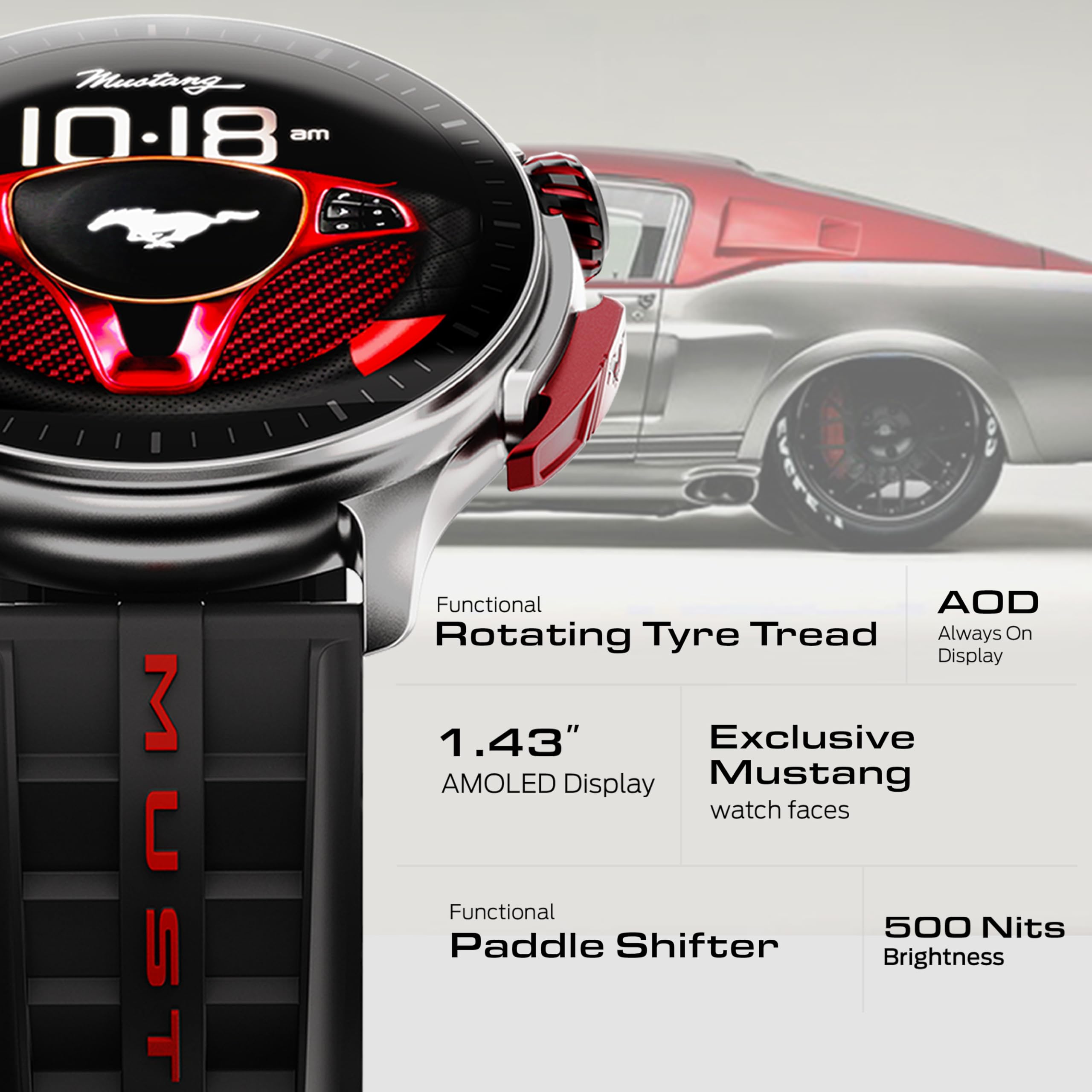 GOBOULT Mustang Racer Smart Watch 1.43'' AMOLED Display, Rotating Bezel, BT Calling, 150+Watchfaces, 500 Nits Brightness, AI Voice Assistant, SpO2 Monitoring, 120+ Sports Mode (Black Blaze) — Amazon image 4