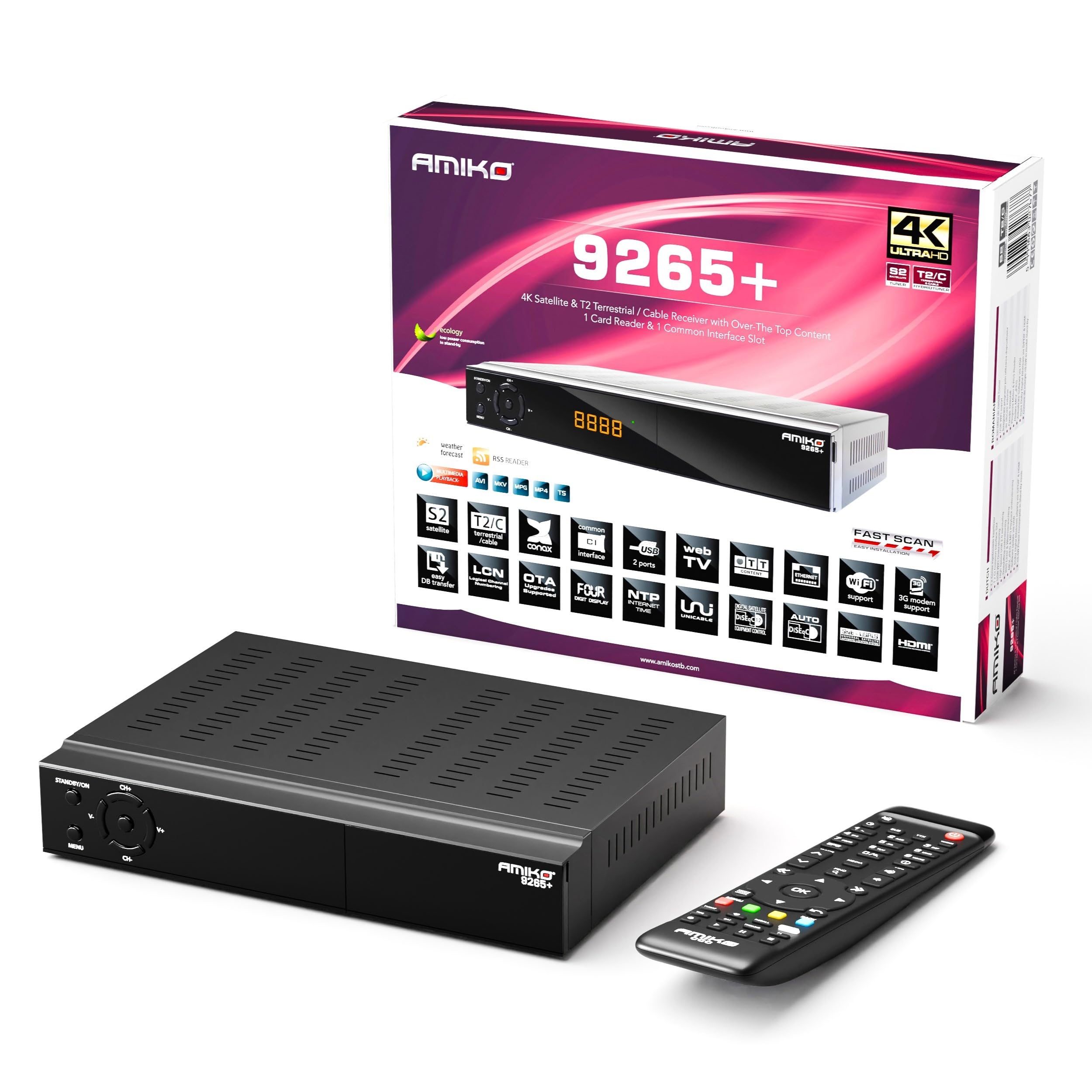 AMIKO 9265+ 4K UHD Combo odbiornik satelitarny i DVB-T2 z funkcją nagrywania PVR, czytnikiem kart, gniazdem CI, do anteny satelitarnej, telewizji kablowej i odbioru DVBT2, kabel H.265 + M@TEC HDMI