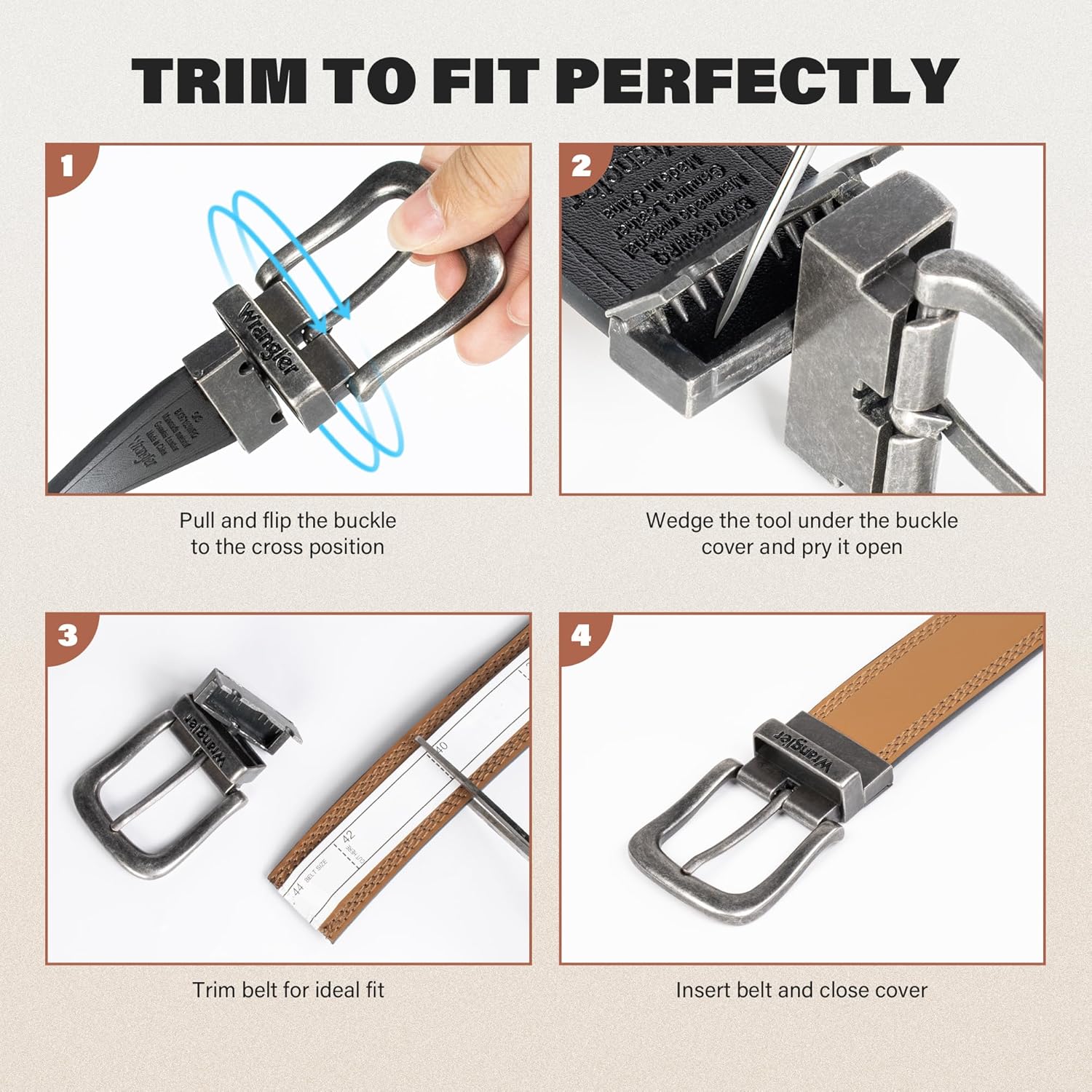 Wrangler Mens Reversible Leather Belt, Brown Black Casual Waist Belt, One Size, Cut For Fit - Image 3