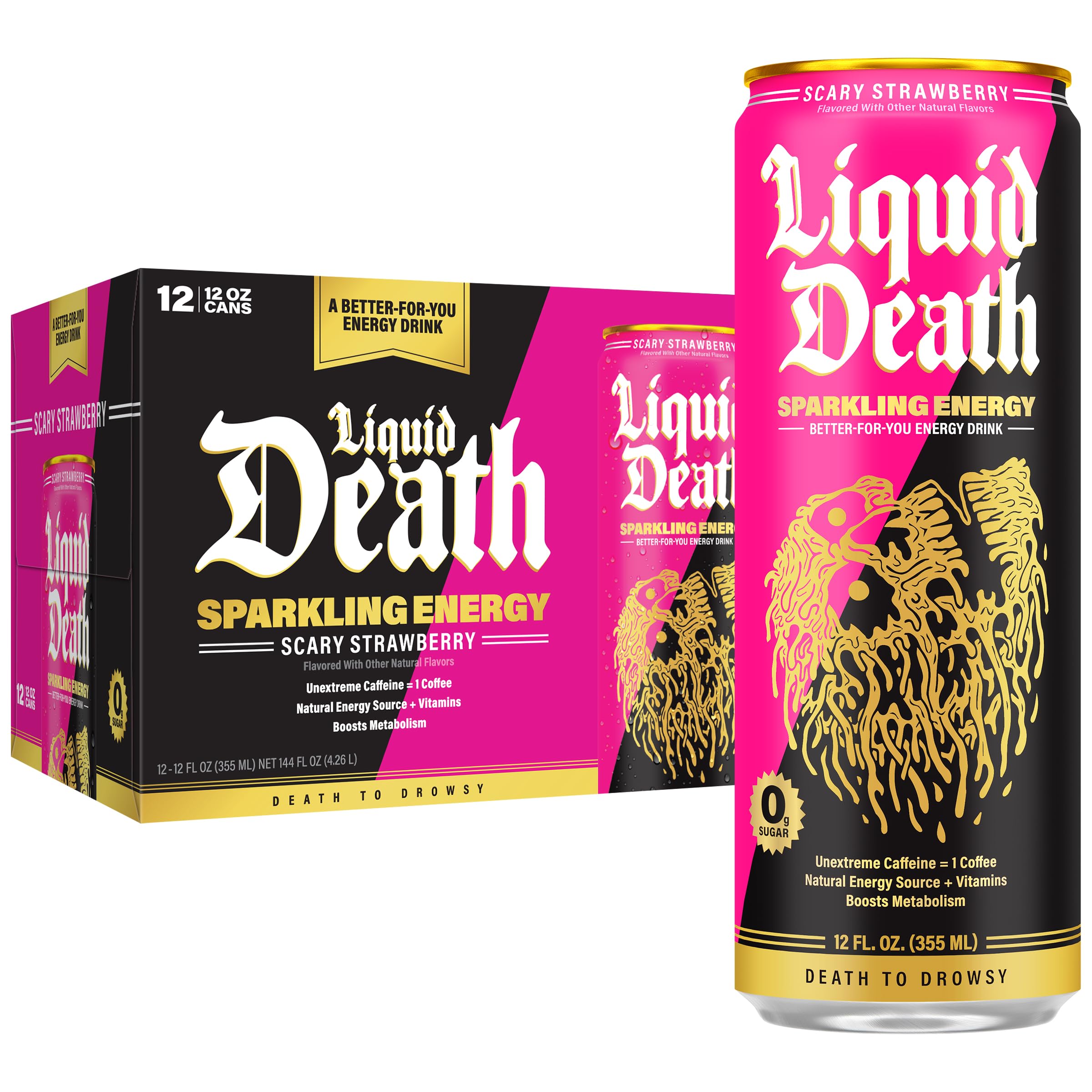 Liquid Death Sparkling Energy - Scary Strawberry, Sugar-Free Energy Drink, Unextreme Caffeine 100mg, Essential Vitamins, 12 Fl Oz (Pack of 12)