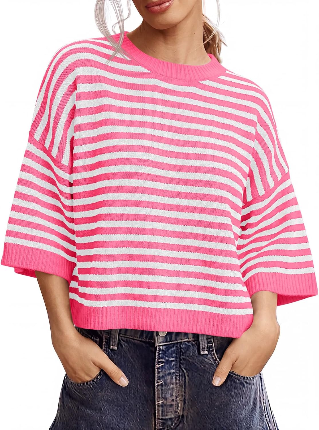 Saodimallsu Womens Short Sleeve Sweater Summer Striped Oversized Sweaters Casual Crewneck Lightweight Knit Tops
