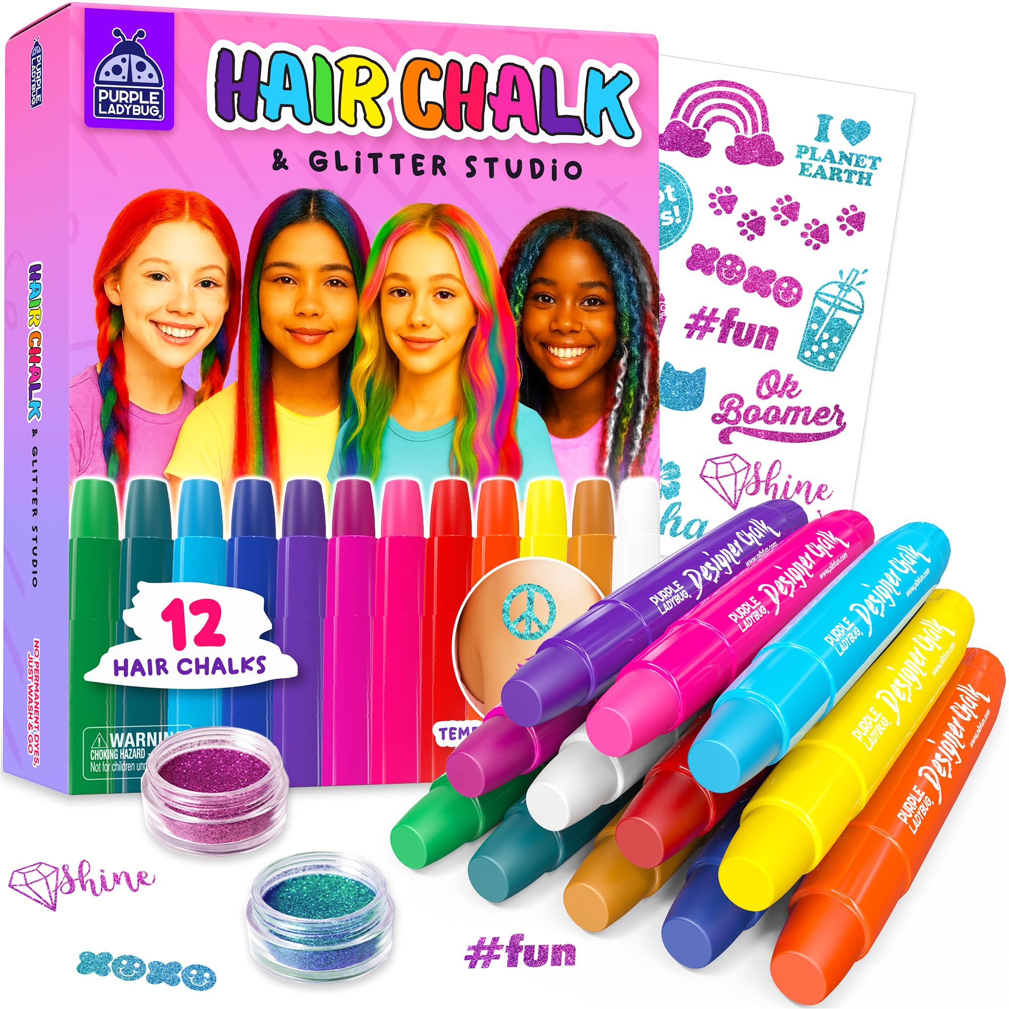 Purple Ladybug 12 Vibrant Colour Hair Chalks for Girls with Glitter Tattoos | Easy Wash Out | Safe Non-Toxic Temporary Hair Colour for Kids | Birthday Gift for Kids & Teens
