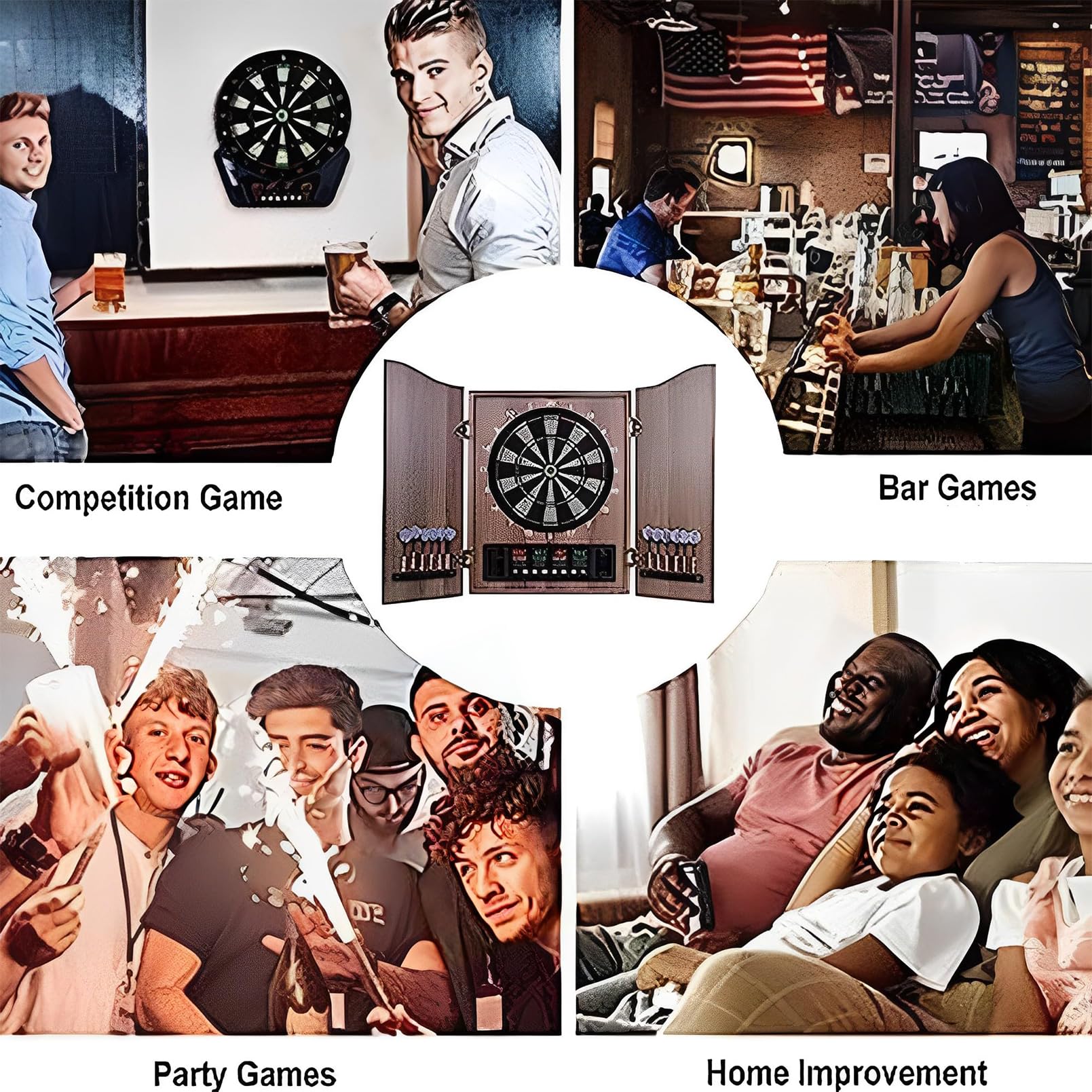 Juego de diana electrónica con pantalla LED y puntuación automática, incluye 12 dardos y 88 puntas suaves, puertas de armario de madera, perfecto para salas de juegos familiares