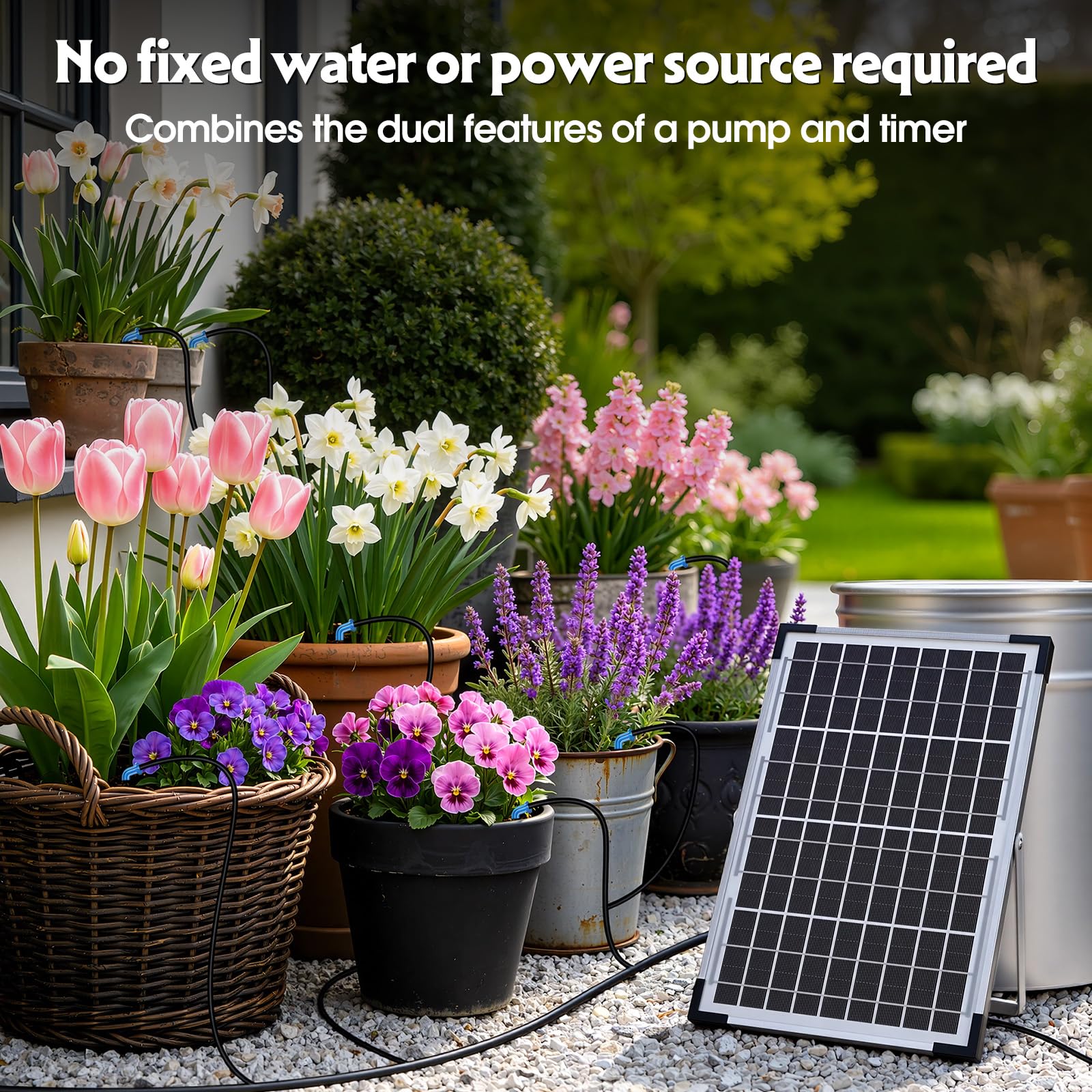 Sistema de Riego Solar para Jardín,10W Kit Riego por Goteo Automatico con Tubo de Agua Exterior, Temporizador Riego por Goteo Solar para Vacaciones Terrazas de Balcones Macetas Césped Plantas
