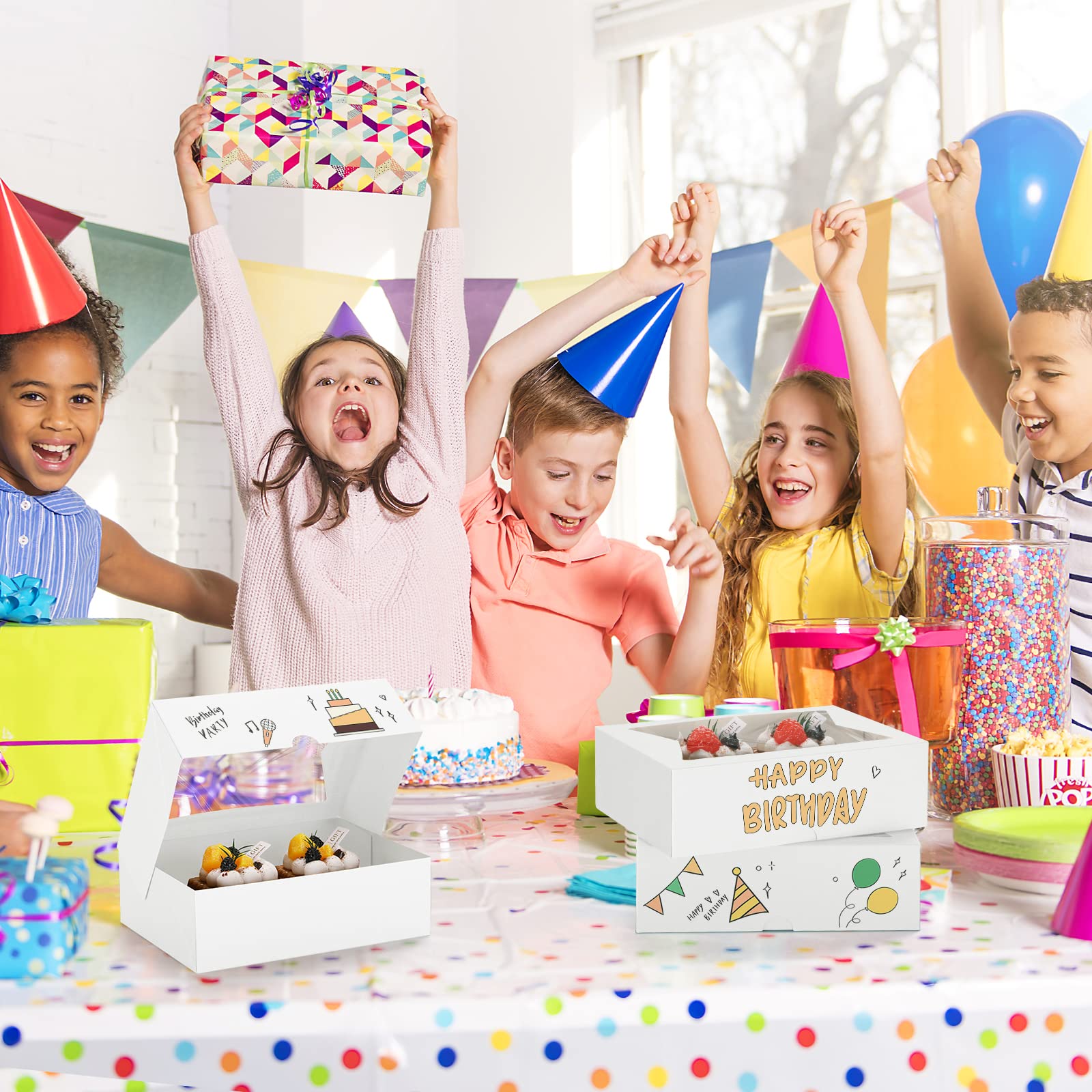 Eupako Cajas de galletas con ventana de 8 x 6 x 2.5 pulgadas, 24 cajas de golosinas blancas automáticas para panadería, donas, dulces, pasteles, cupcakes, galletas, fresas de chocolate