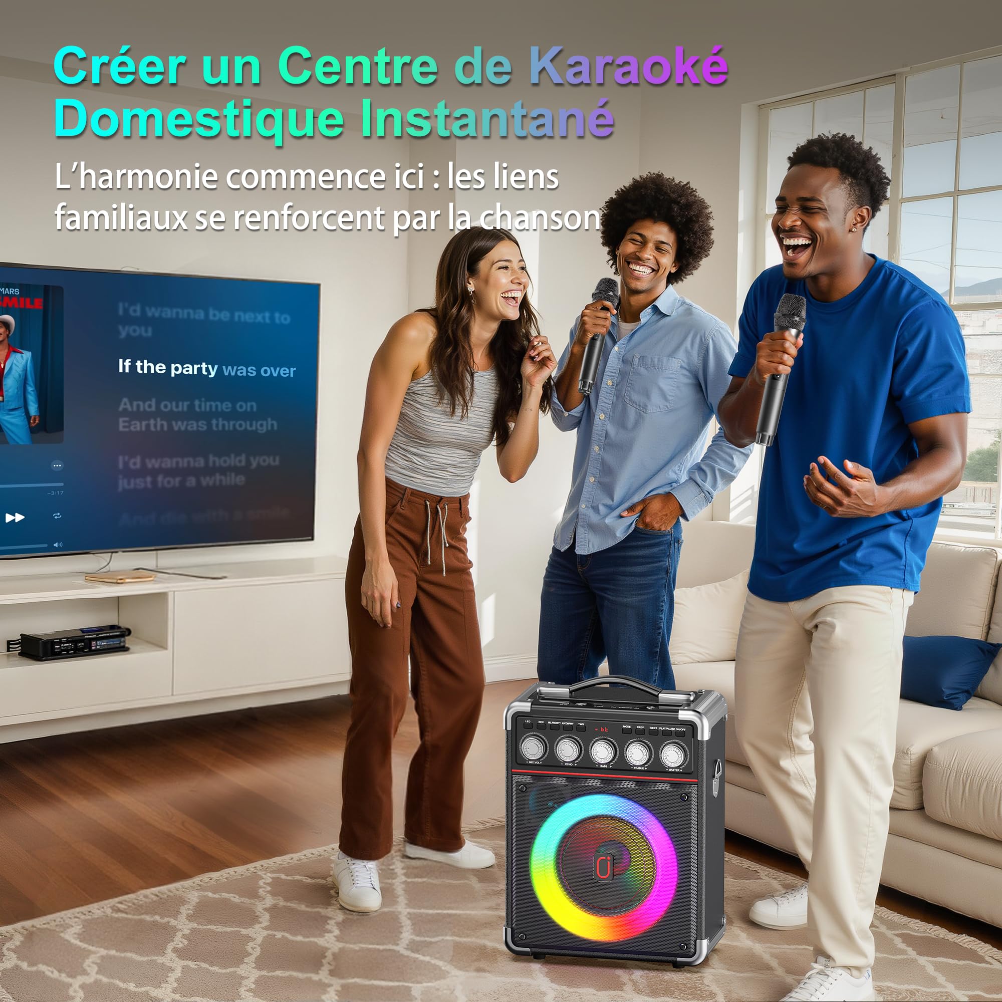 JYX Enceinte Karaoke 2 Micro sans Fil, 100W Puissance Karaoké Professionnel, Autonomie 24h, Processeur DSP Bicœur Karaoke Adulte et Enfant, Réglage Basse/aigu, Compatible TF/USB/AUX/TWS